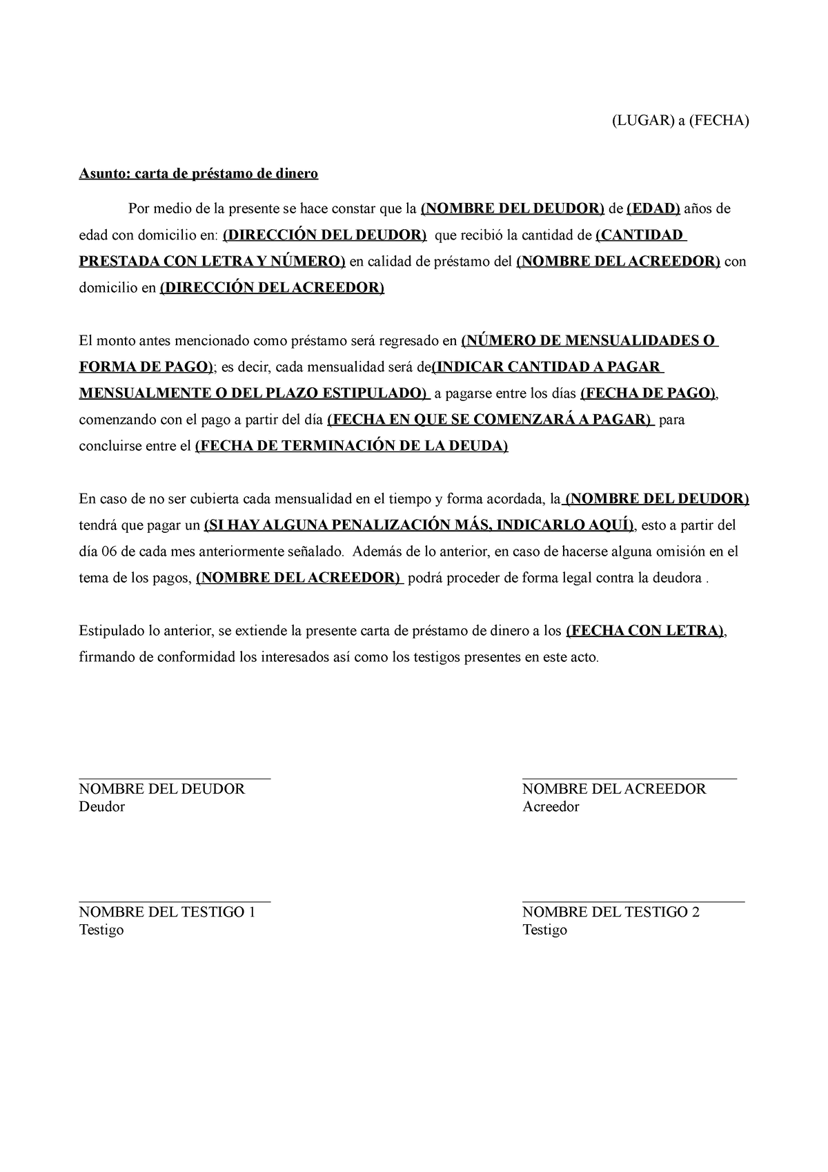 Formato Carta De Préstamo De Dinero Lugar A Fecha Asunto Carta De Préstamo De Dinero Por 6793