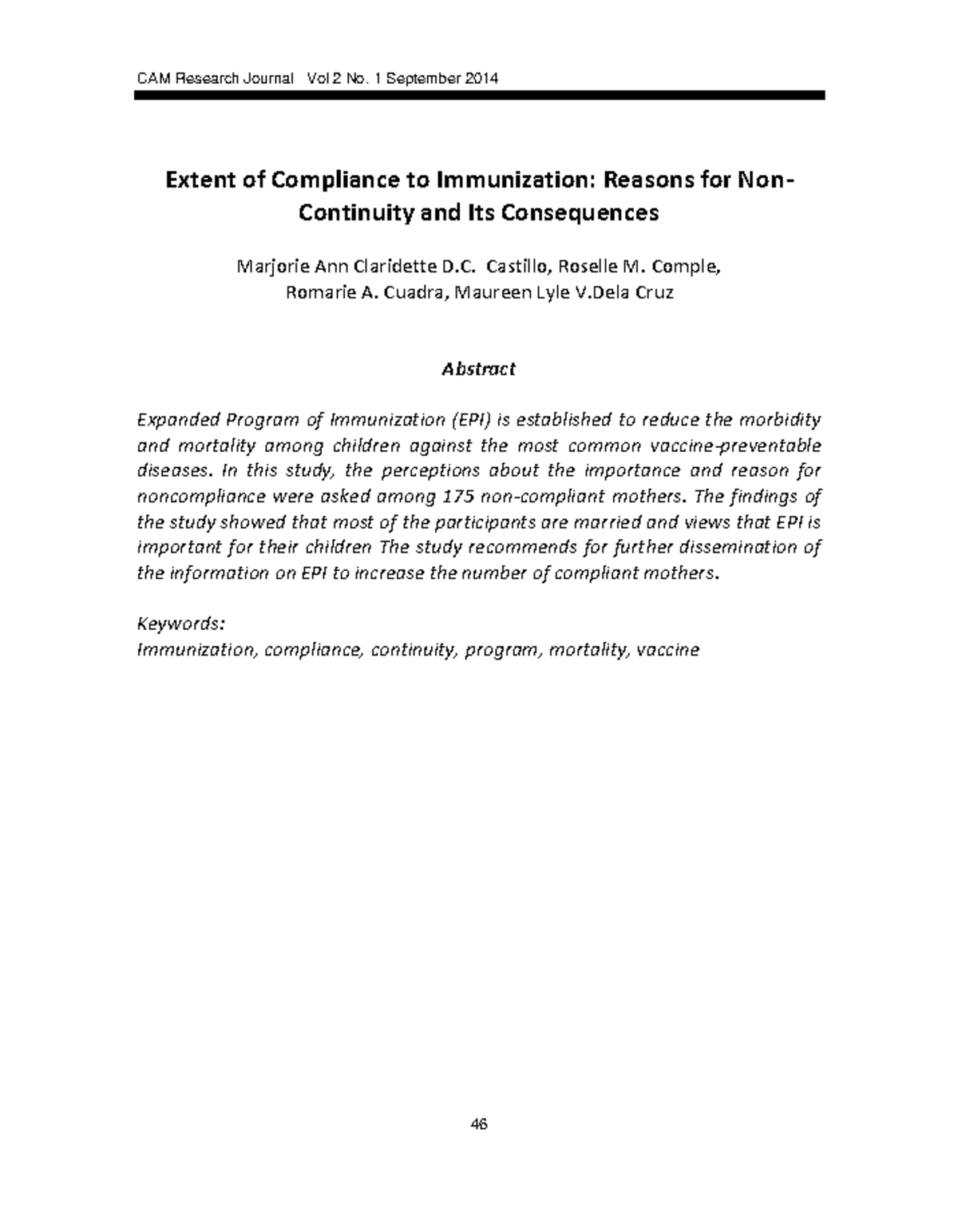 3 - Nursing notes - Extent of Compliance to Immunization: Reasons for ...