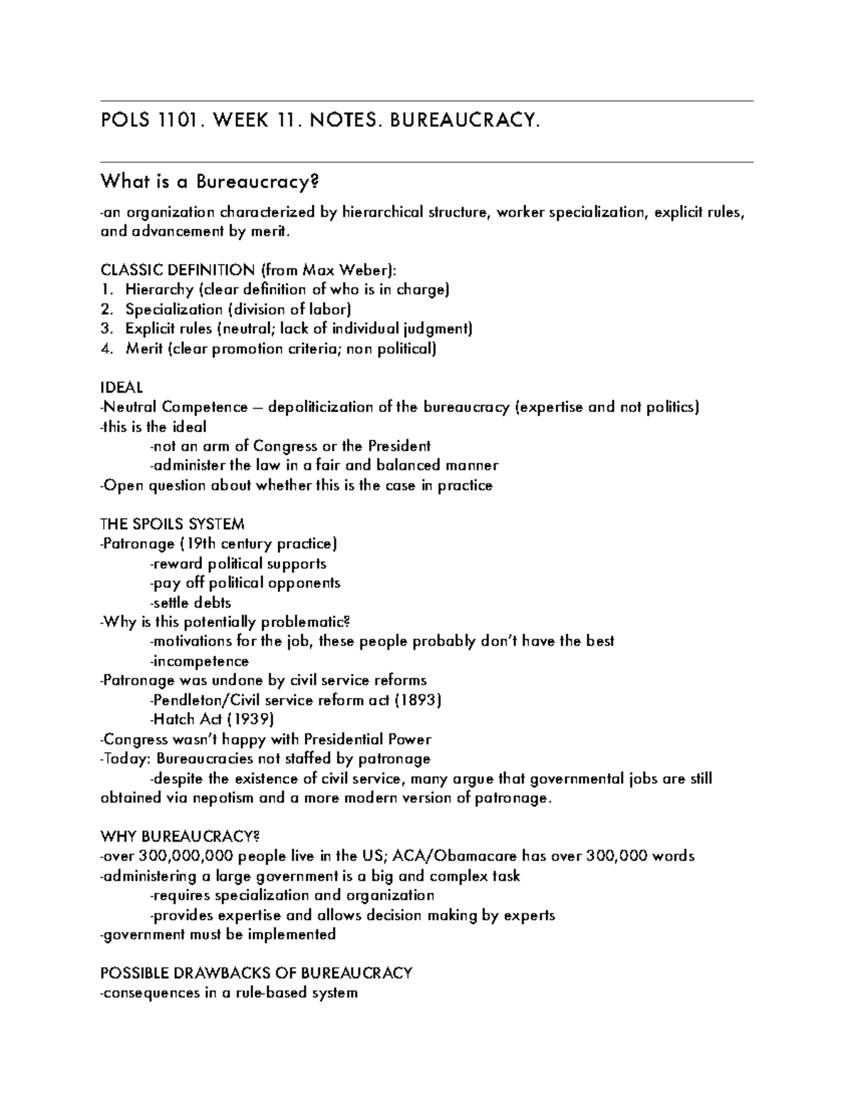 Bureaucracy (week 11) - Williamson - POLS 1101. WEEK 11. NOTES ...