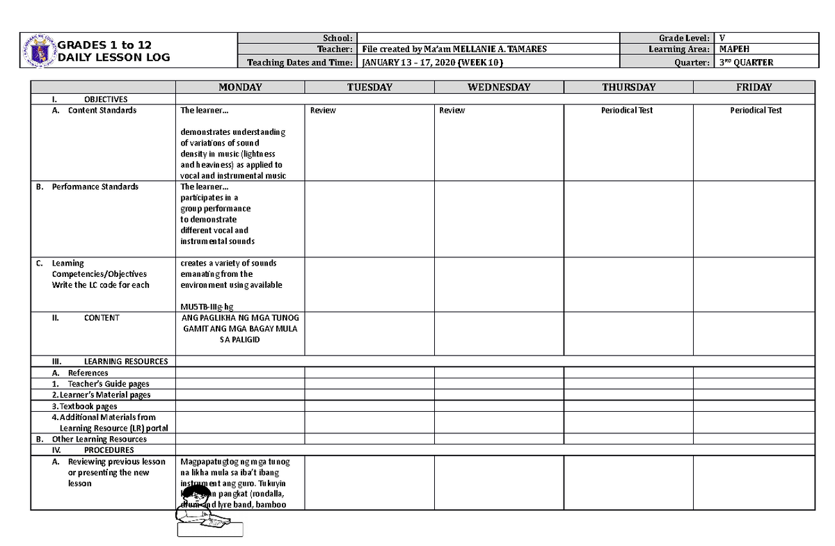 DLL Mapeh 5 Q3 W10 - GRADES 1 to 12 DAILY LESSON LOG School: Grade ...