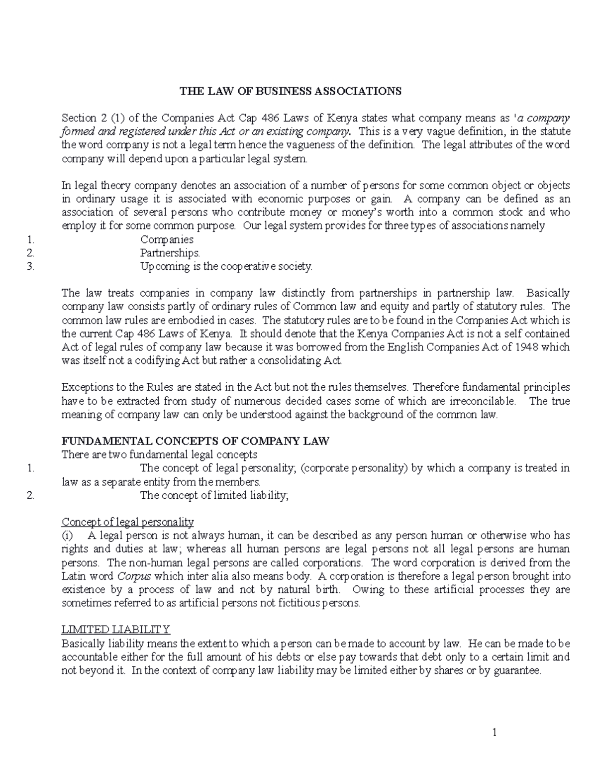 Business Association I - THE LAW OF BUSINESS ASSOCIATIONS Section 2 (1 ...