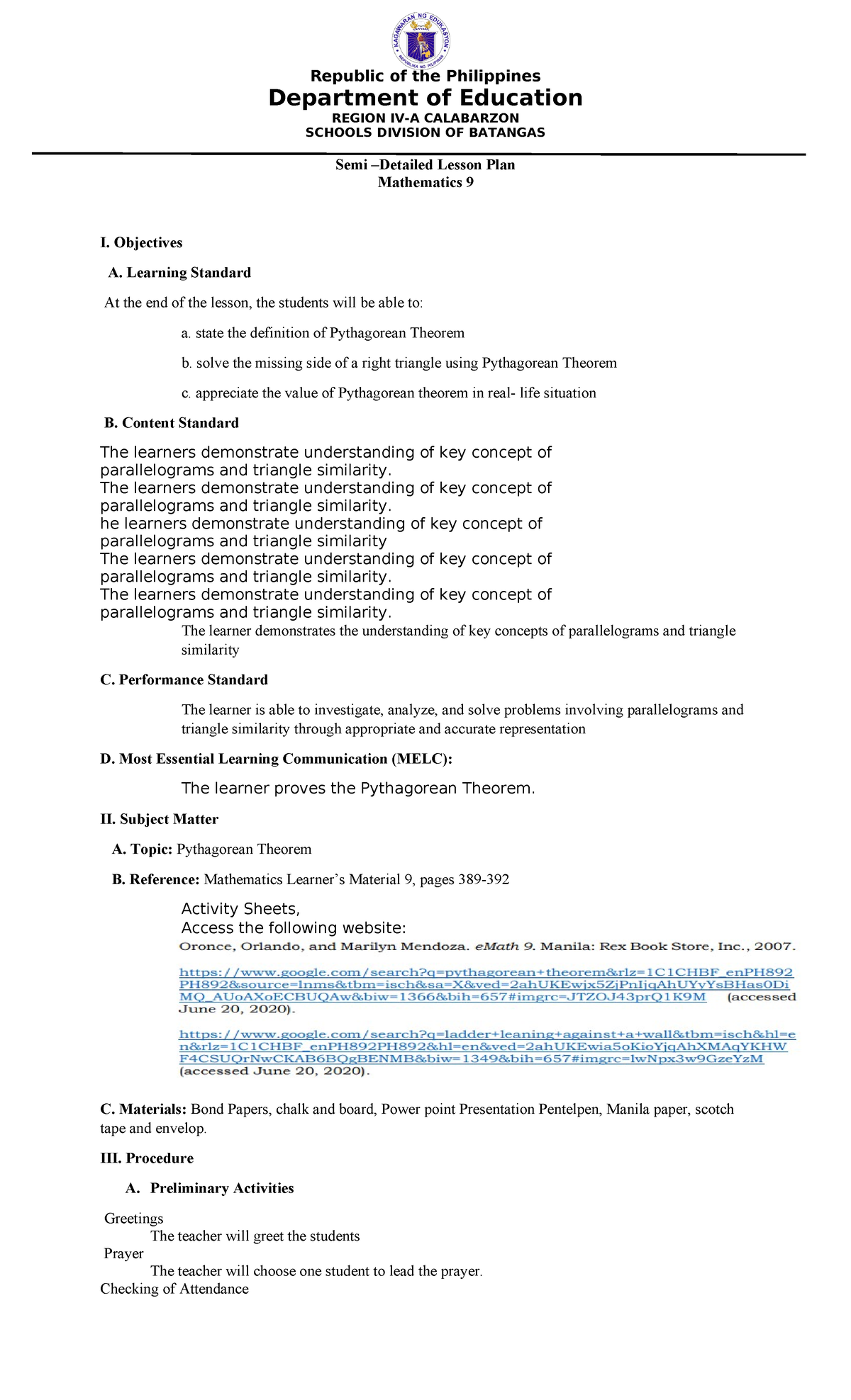 SEMI Detailed Lesson PLAN ( Edited) - Department of Education REGION IV ...