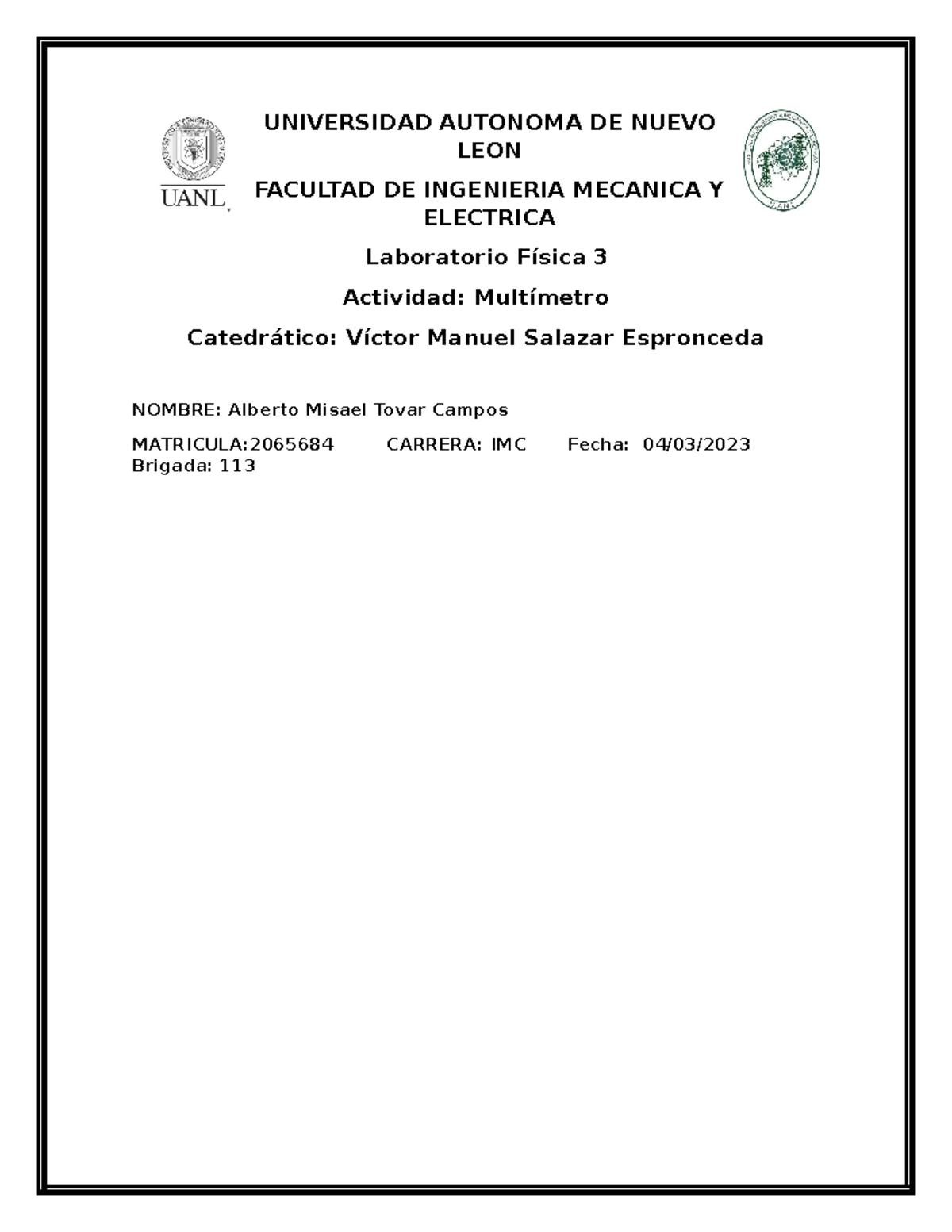 Laboratorio de fisica act3 - UNIVERSIDAD AUTONOMA DE NUEVO LEON ...