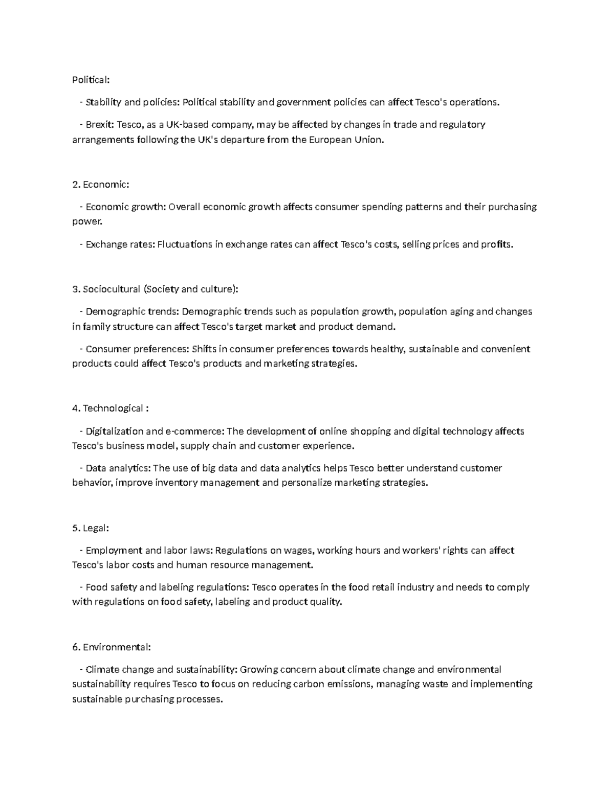 Tesco Political Stability and policies Political