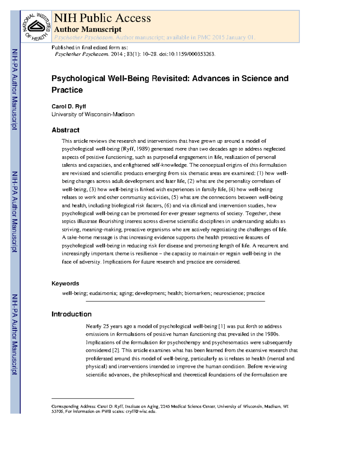 Ryf asqws Psychological WellBeing Revisited Advances in Science