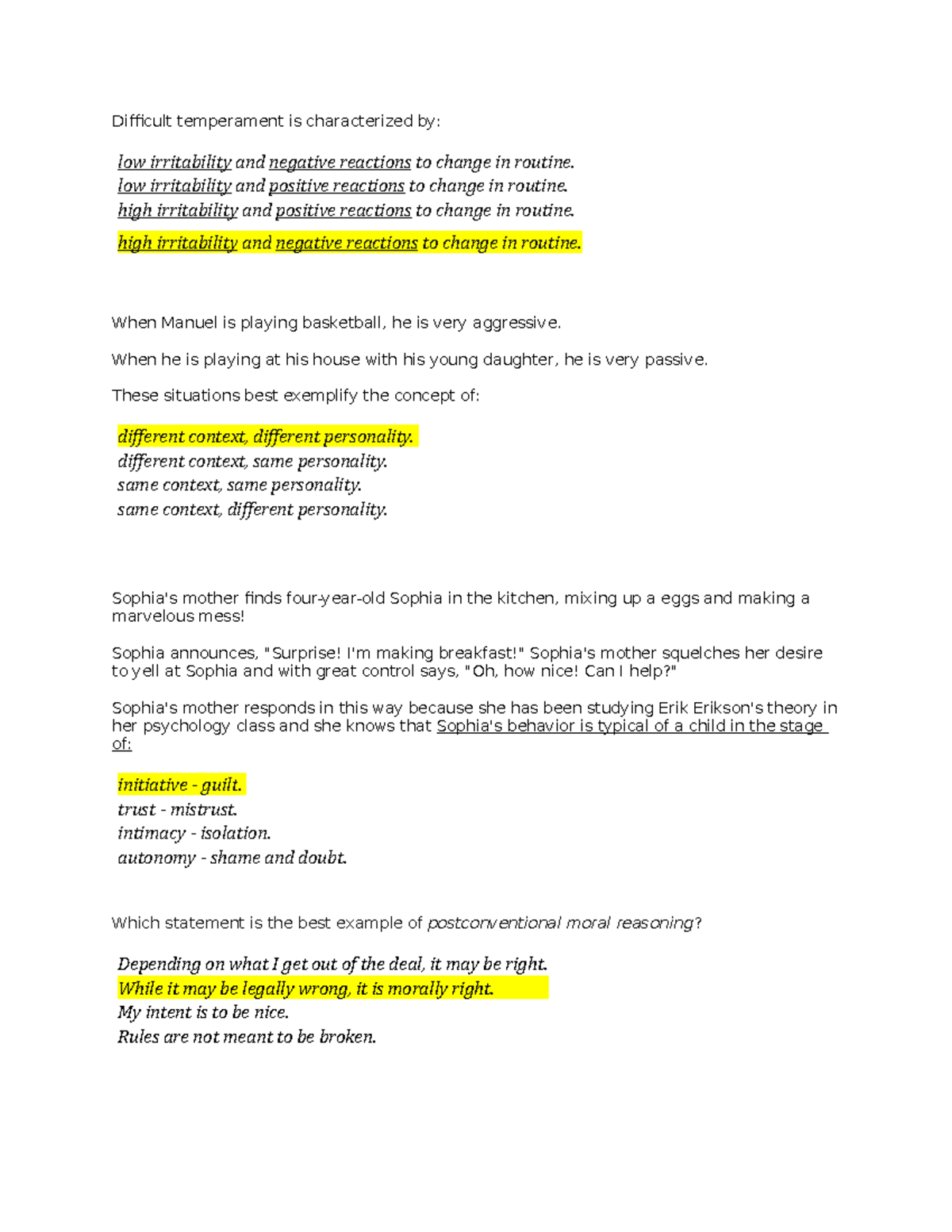 PSY Exam 4 - Psychology 100 Exam 4 - Difficult temperament is characterized  by: low irritability and - Studocu