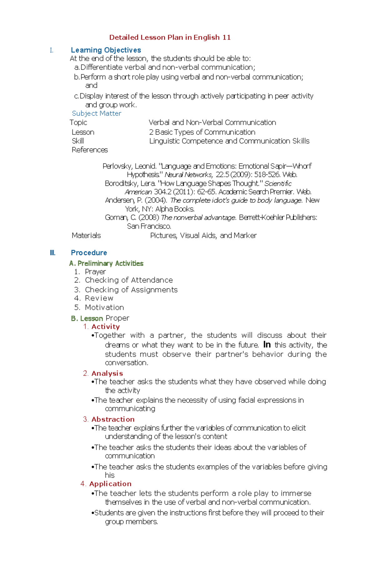 Verbal And Non Verbal Communication Lesson Plan 1 Detailed Lesson Plan In English 11 I 8347