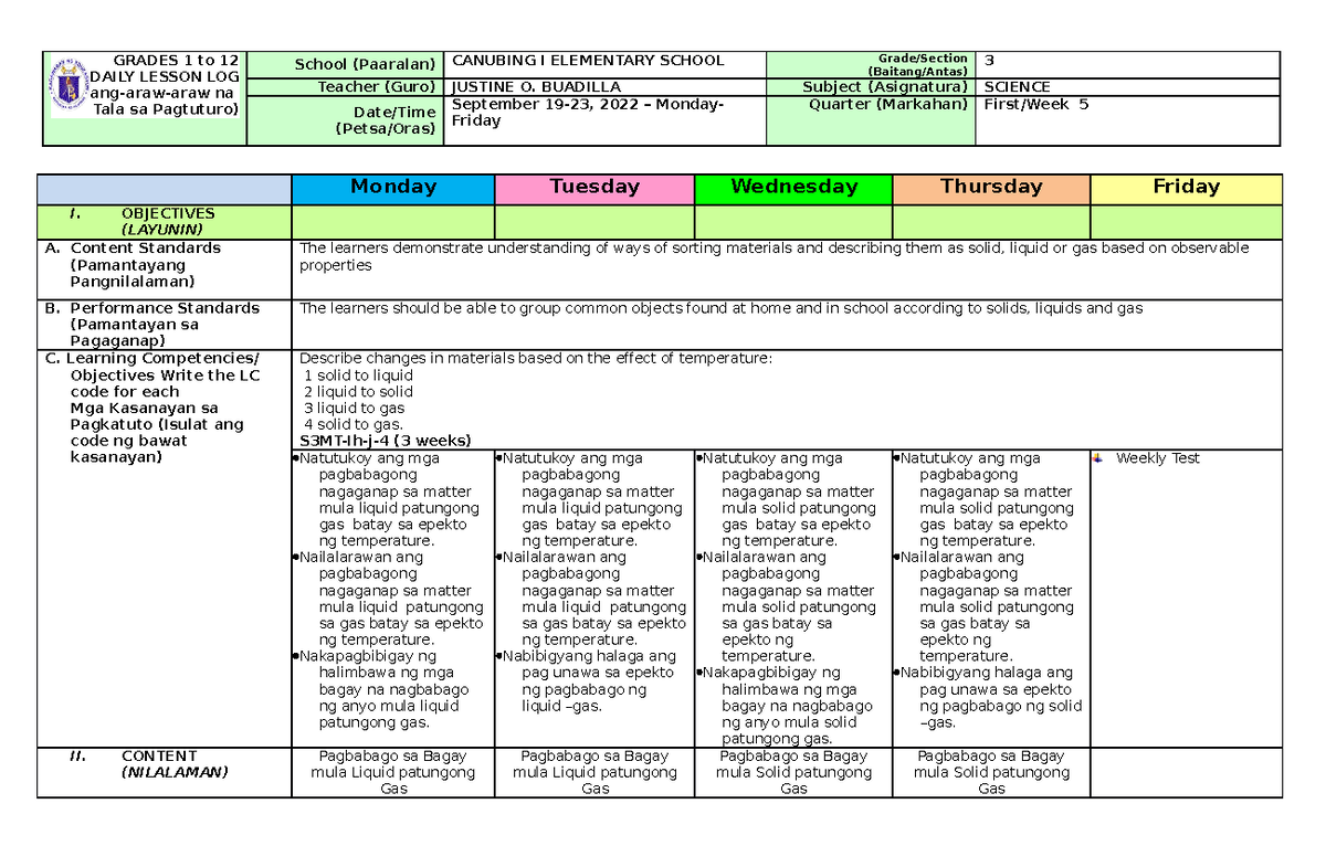Q1 W5 G3SCI - DLL - GRADES 1 to 12 DAILY LESSON LOG (Pang-araw-araw na ...