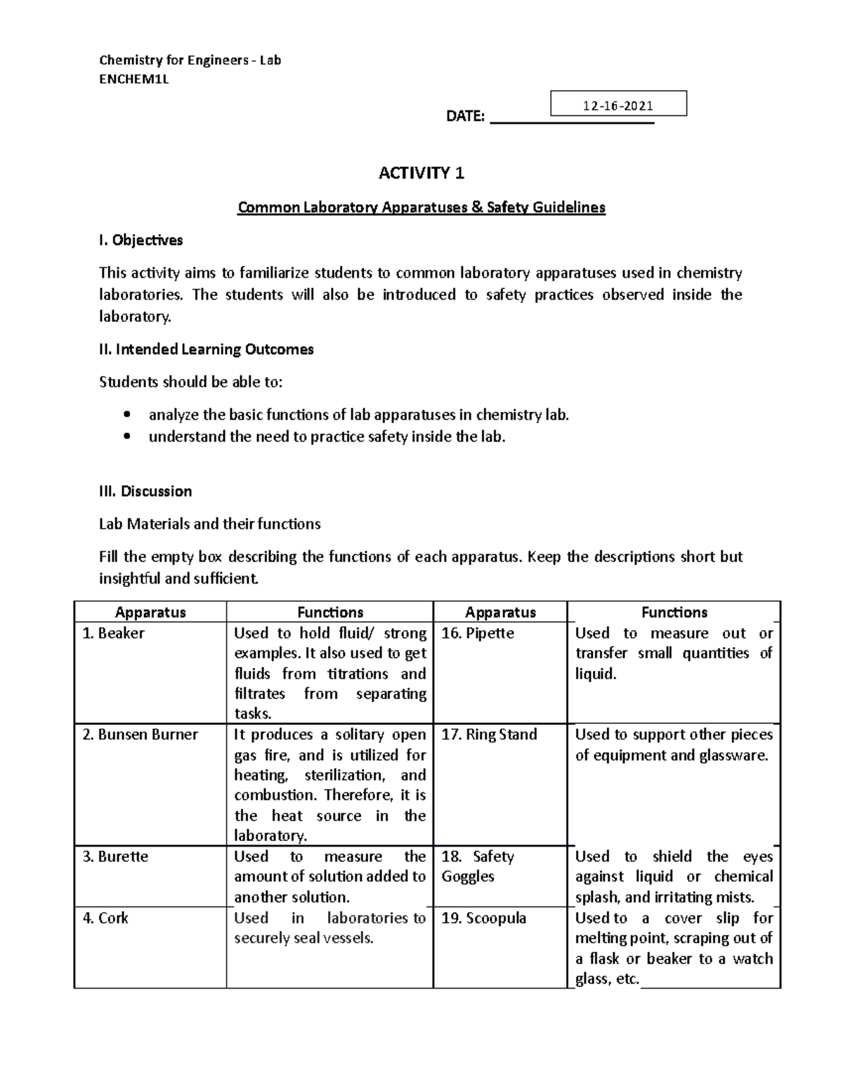 Enchem 1L - Lab 1 - Final - It consists of chemistry laboratory ...