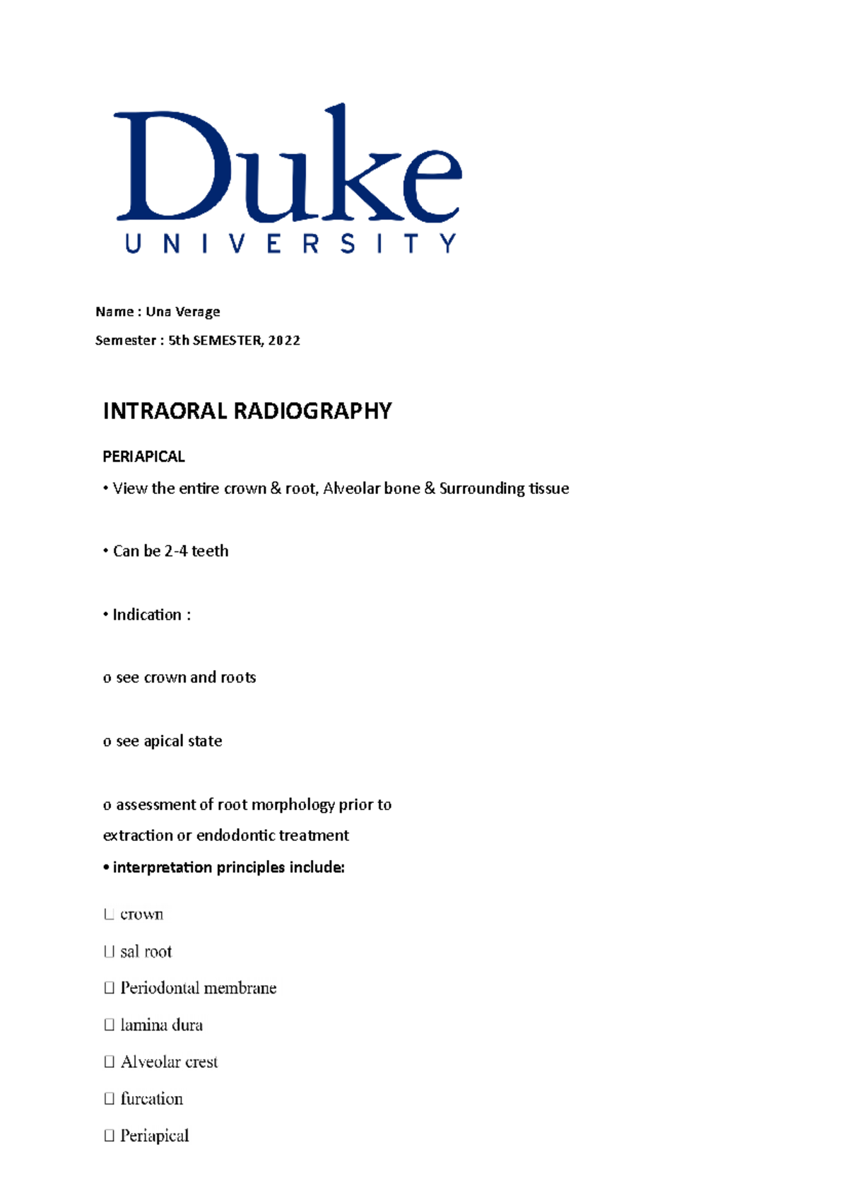 Lecture Notes Intraoral Radiography Dentistry - Name : Una ...