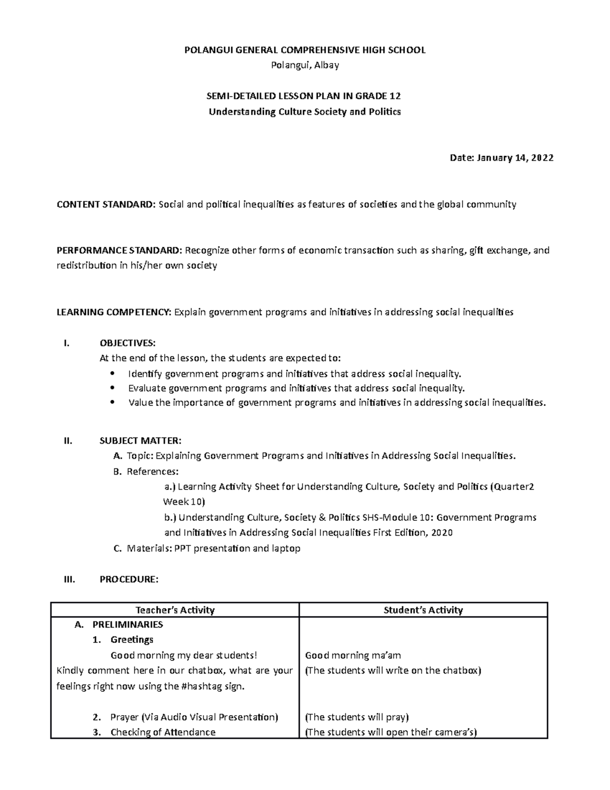 Lesson Plan - POLANGUI GENERAL COMPREHENSIVE HIGH SCHOOL Polangui ...