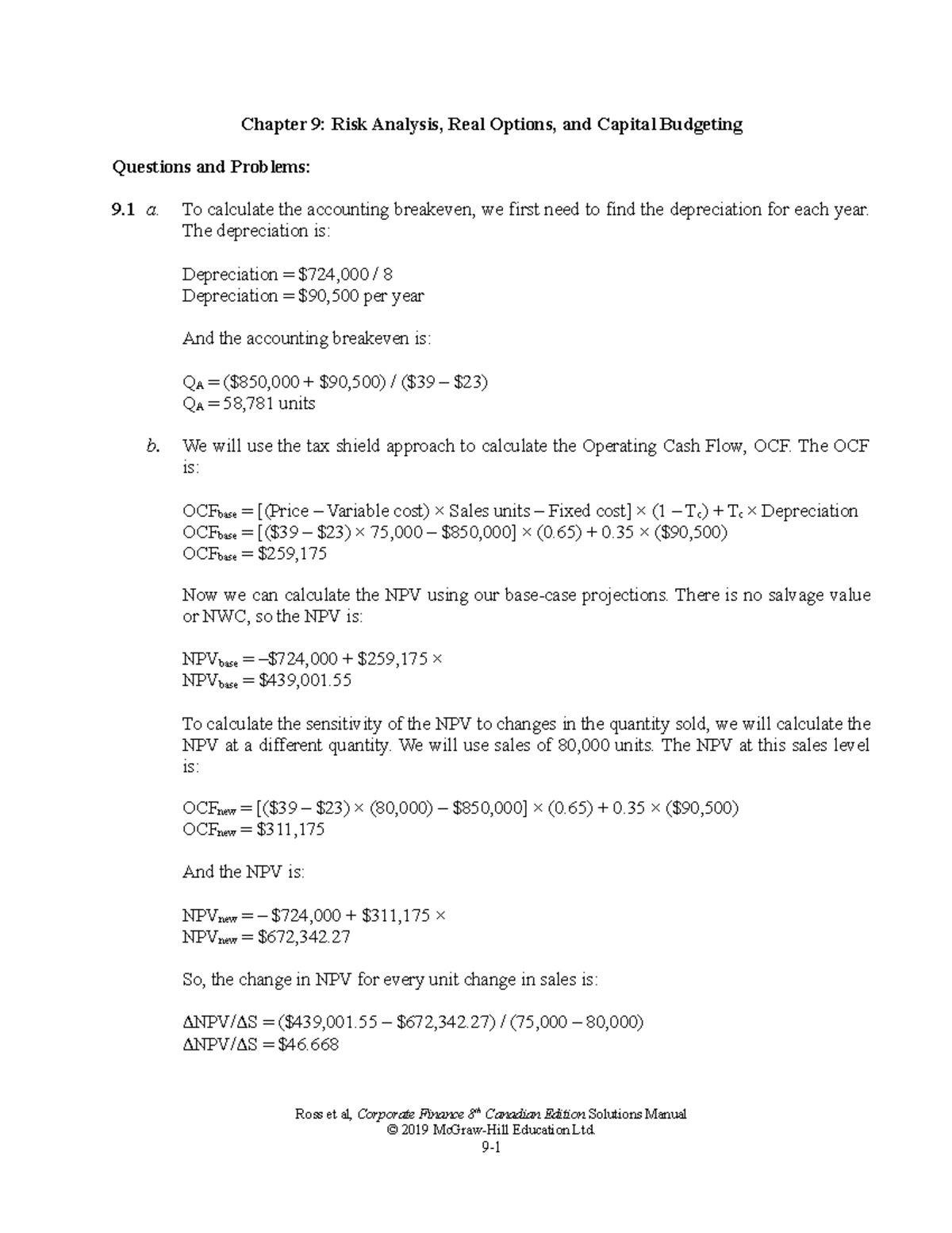 Ross CF 8ce SM Ch09 - Solutions For Financial Controllership 8th ...