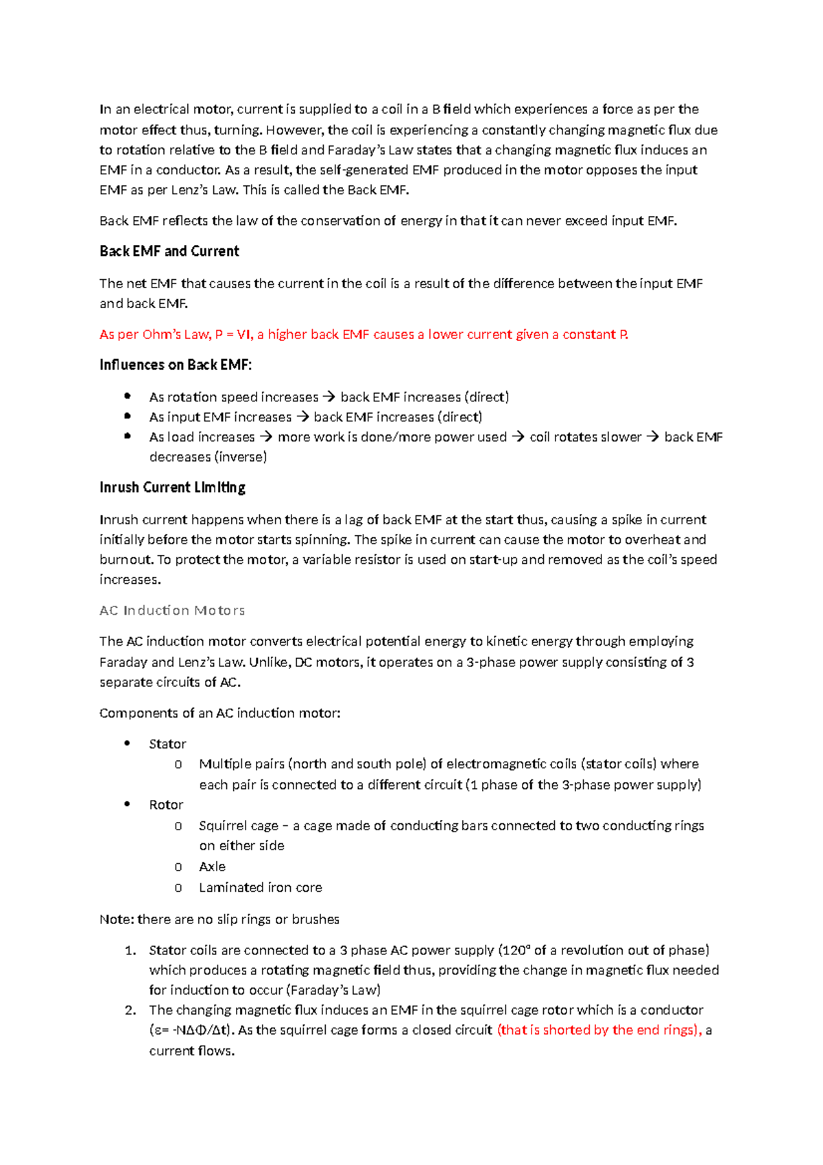 Physics notes4 In an electrical motor, current is supplied to a coil