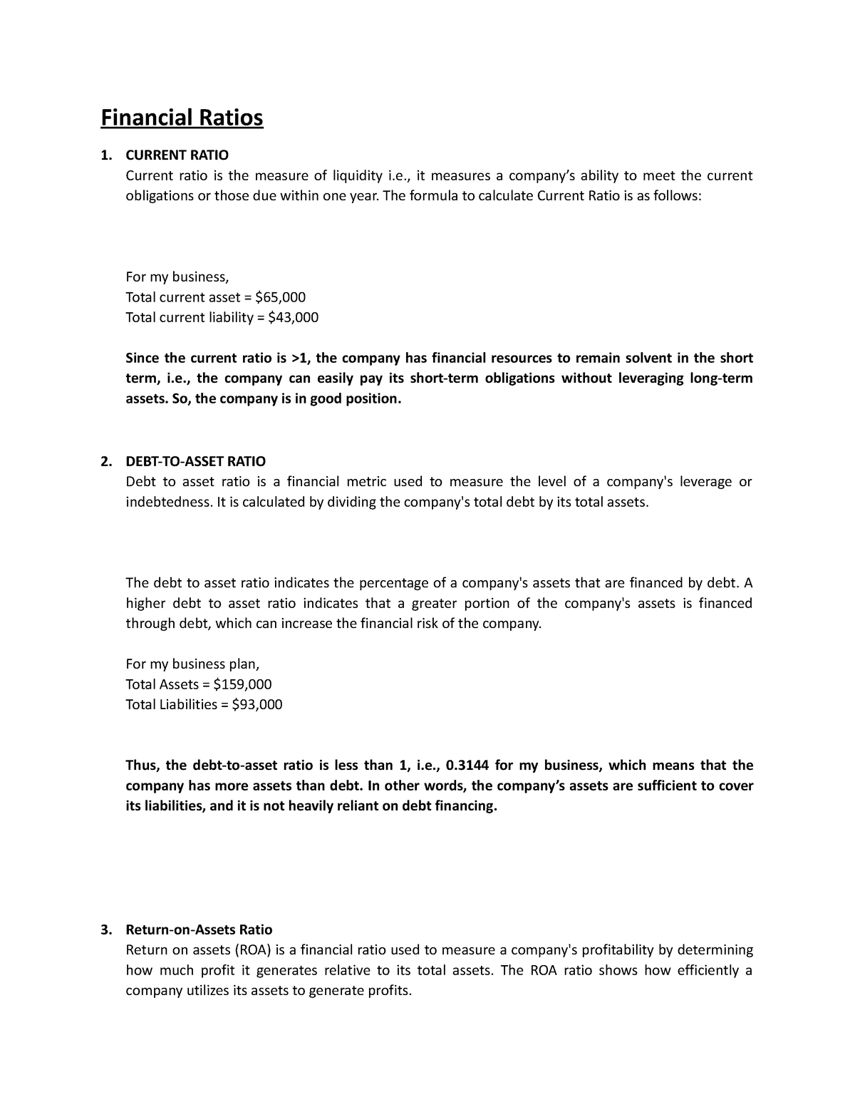 accounting ratios assignment