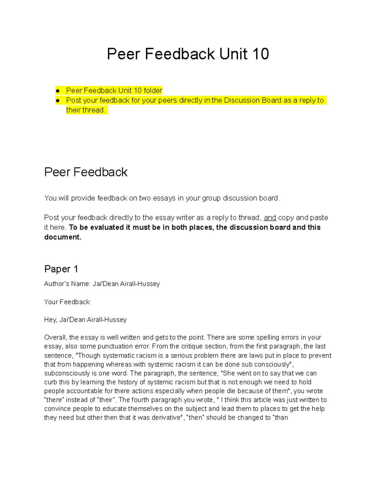 Peer Feedback Template - Peer Feedback Unit 10 Peer Feedback Unit 10 ...