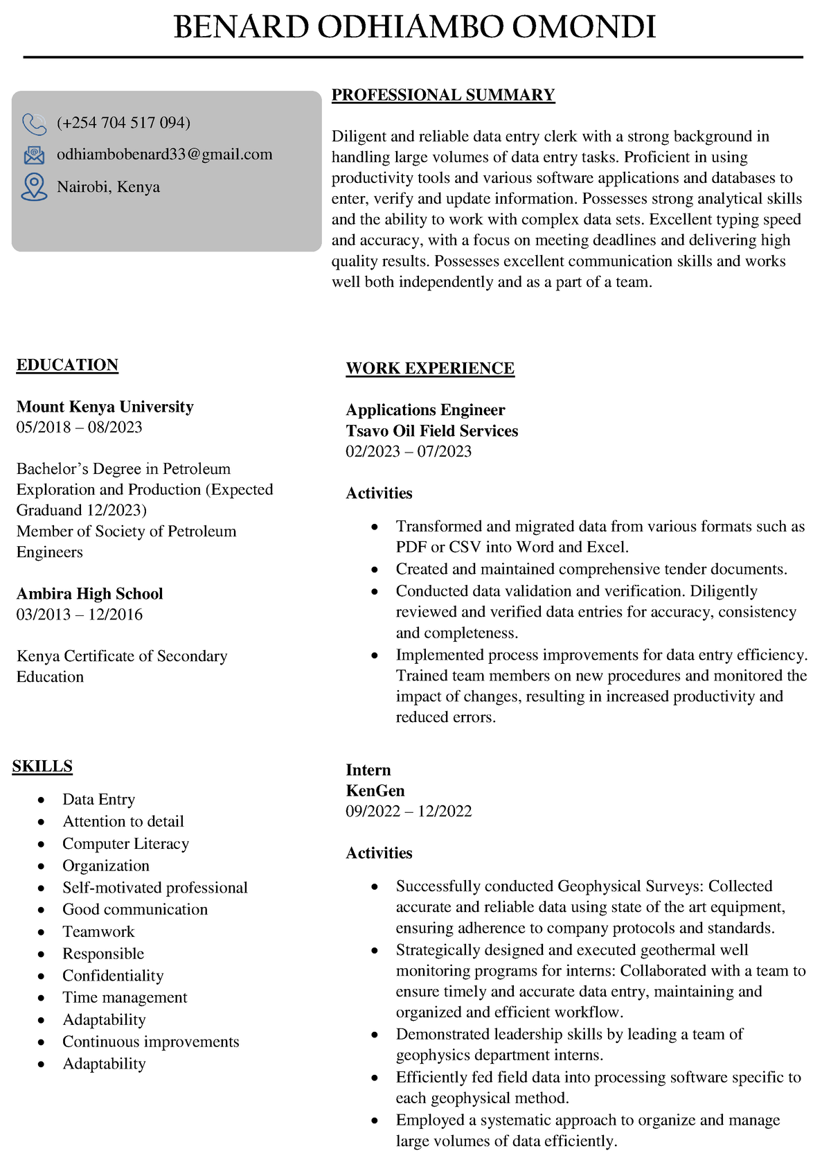 DATA Entry Clerk CV 1 - Software Engineering - MKU - Studocu