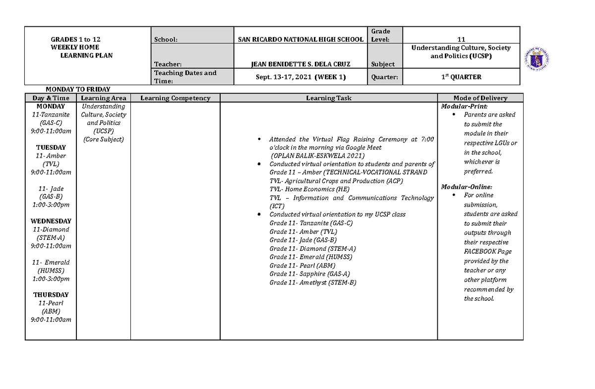 WHLP UCSP W1 - WHLP - MONDAY TO FRIDAY Day & Time Learning Area ...