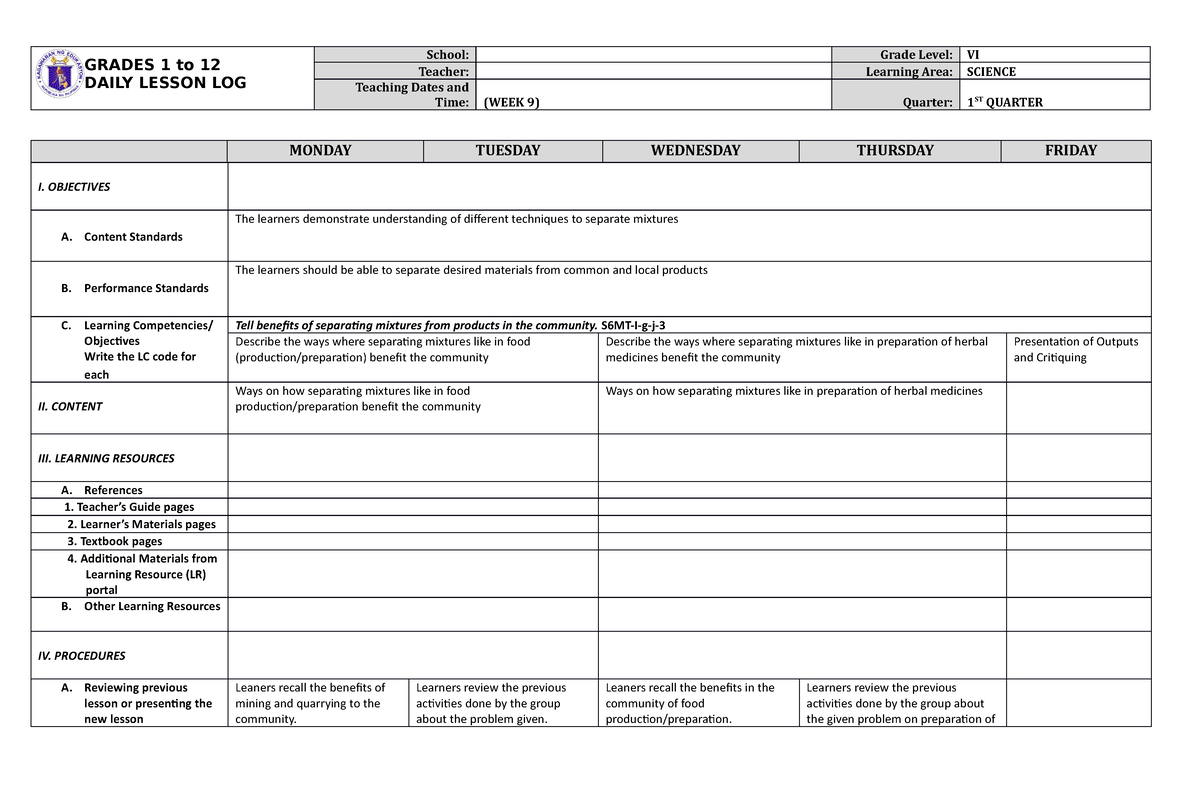 Science DLL - for study purposes. - GRADES 1 to 12 DAILY LESSON LOG ...