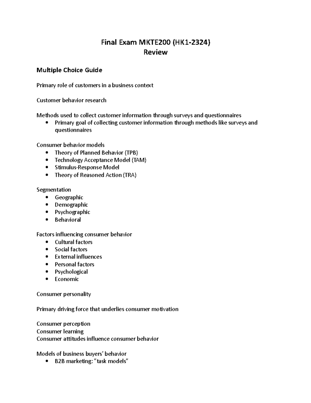 Final Exam Review дђб ѓ Cж жўng Cuб I Kг Final Exam Mkte200 Hk1 2324 Review Multiple Choice Final Exam Review дђб ѓ Cж жўng Cuб I Kг Final Exam Mkte200 Hk1 2324 Review Multiple Choice