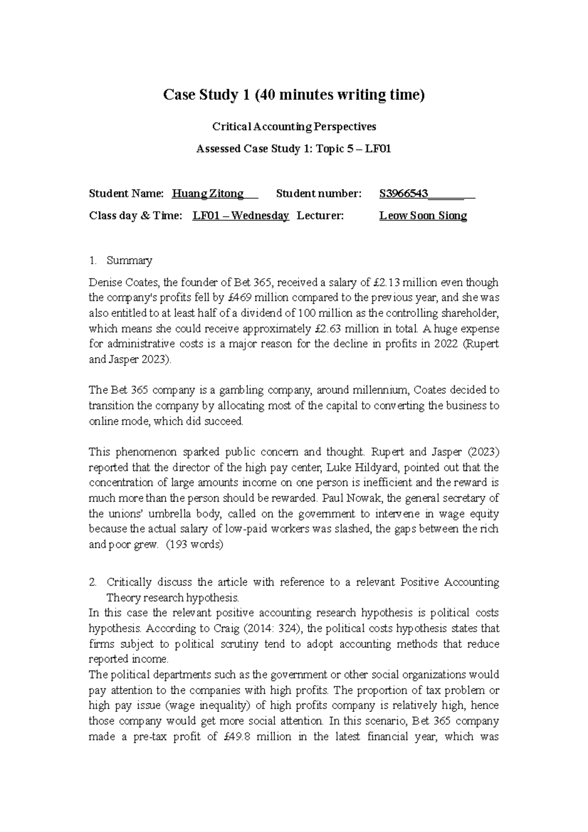 CAPCase Study 1 Case Study 1 (40 minutes writing time) Critical