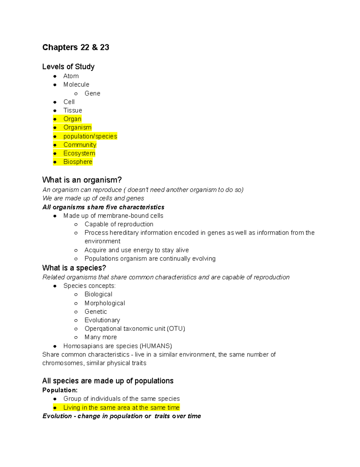 BIO 113 Lecture Notes Organismal Biology - Chapters 22 & 23 Levels Of ...