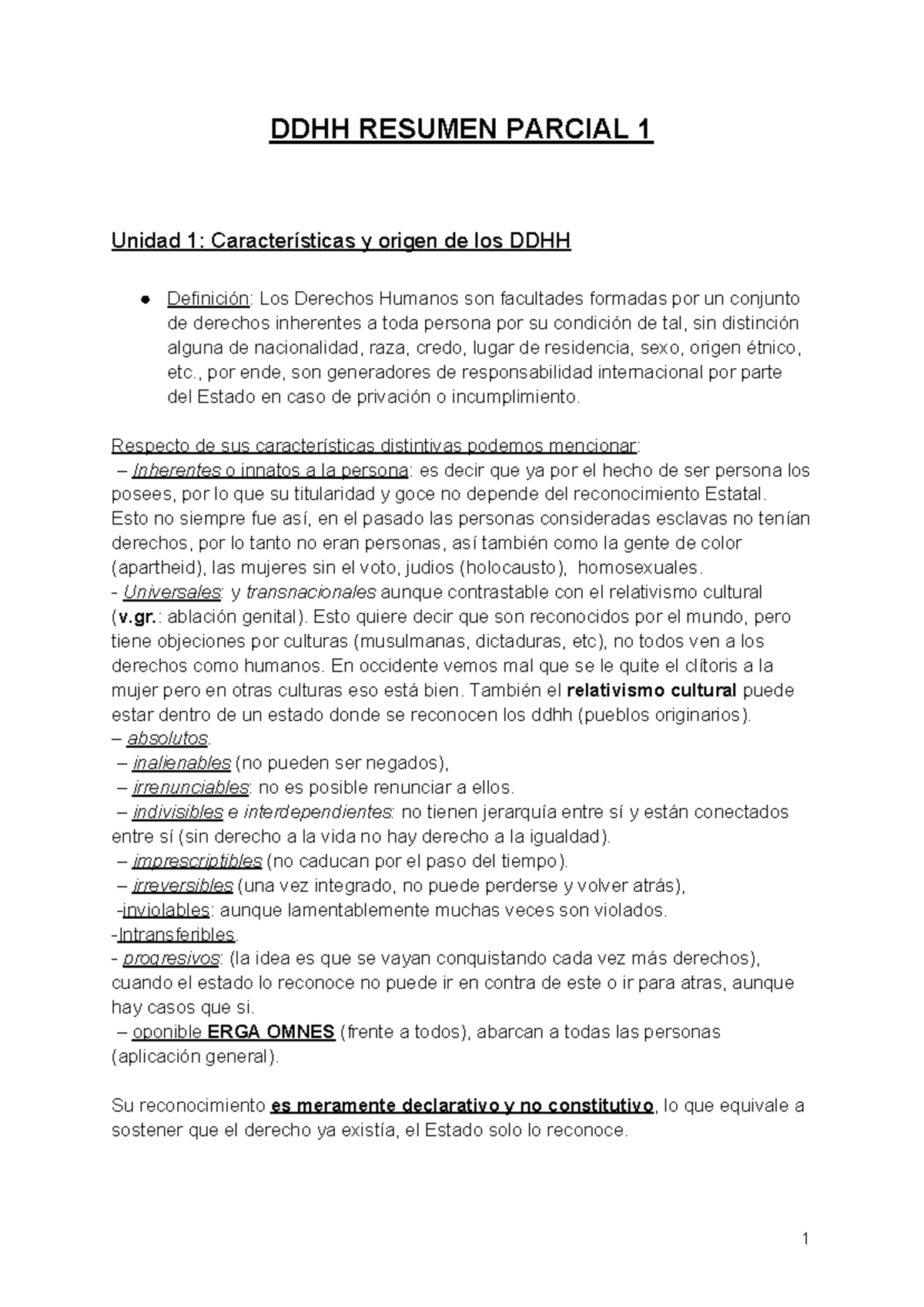 Derechos Humanos Resumen Original, Parcial 1 -1 - DDHH RESUMEN PARCIAL ...