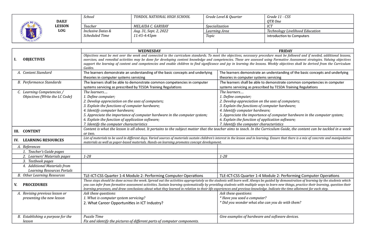 SHS DLL - This is for reference only. - DAILY LESSON LOG School TONDOL ...