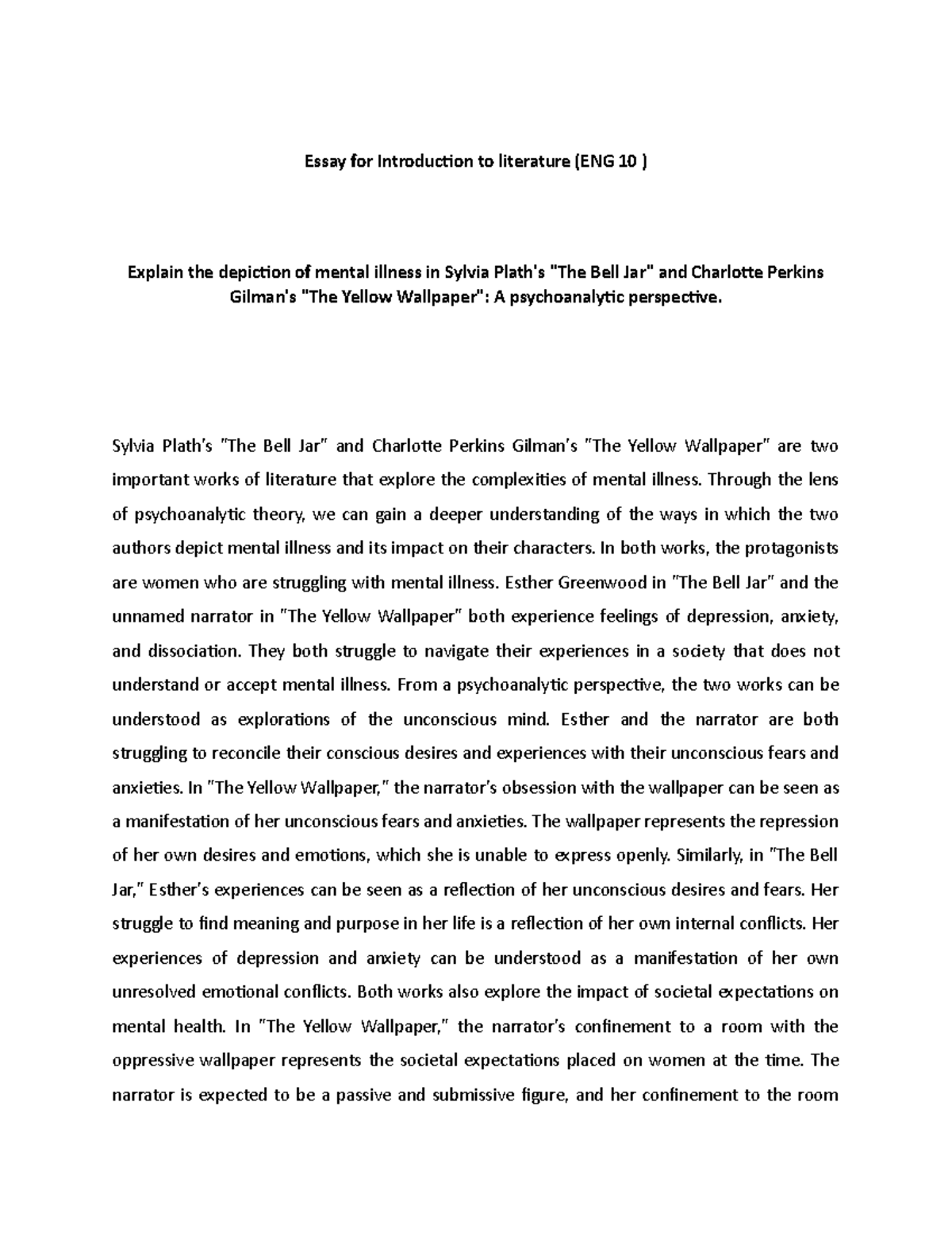The Bell Jar and The Yellow Wallpaper Psychoanalytic Perspective
