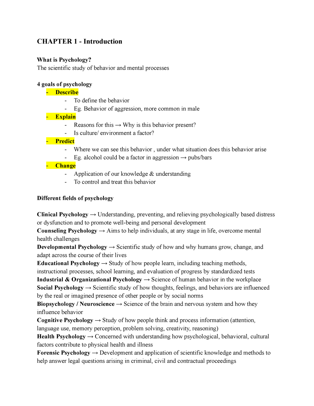 Psych Notes - CHAPTER 1 - Introduction What Is Psychology? The ...