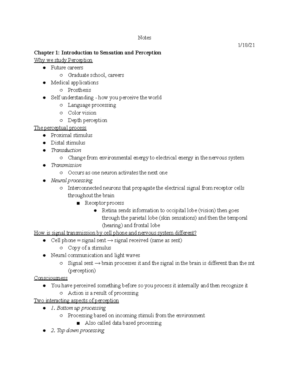 Notes - Lonnie Yandell's Sensation and Perception - Notes 1/18/ Chapter ...