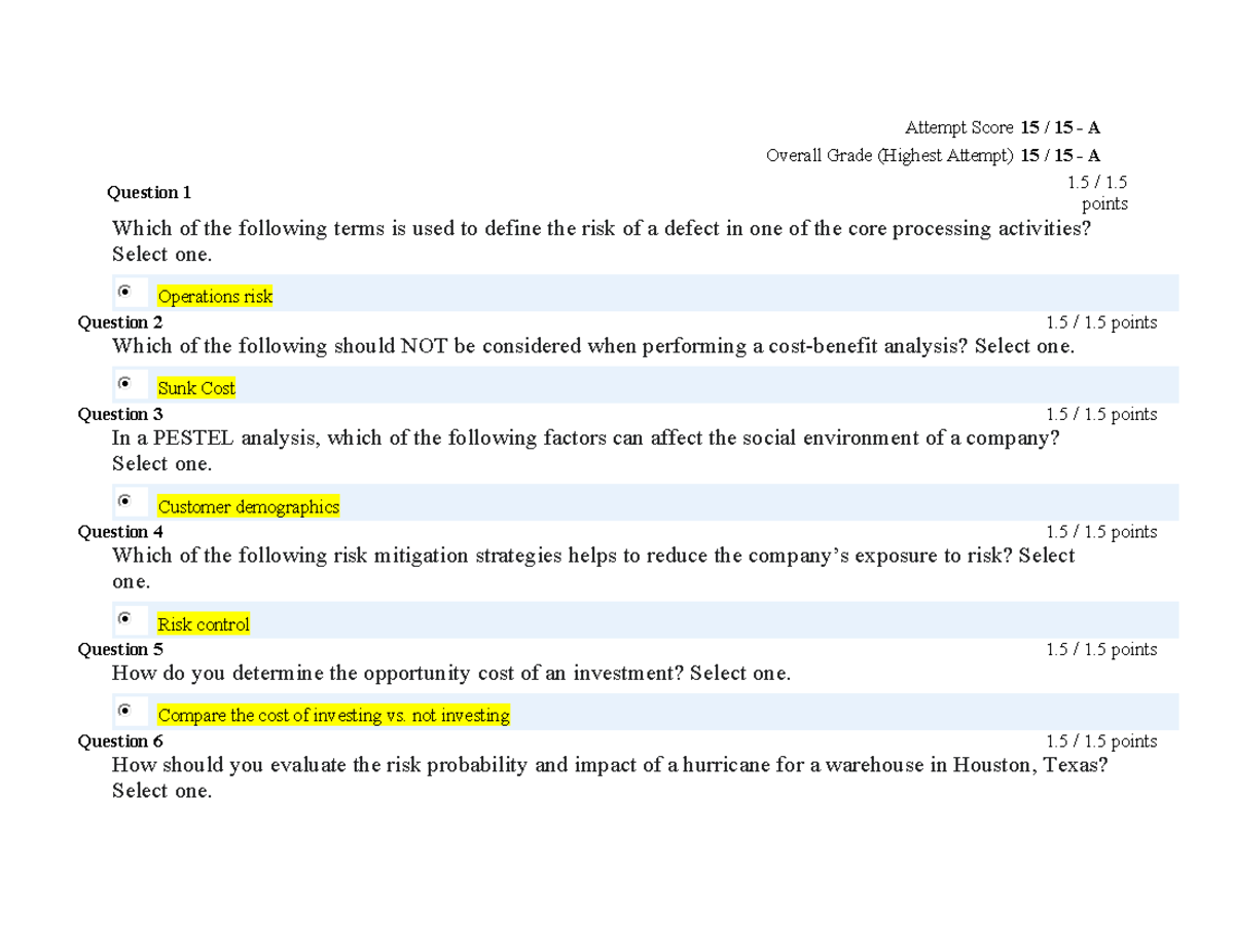 Mba 620 Five Three Quiz Score 15 15 A Attempt Score 15 15 A