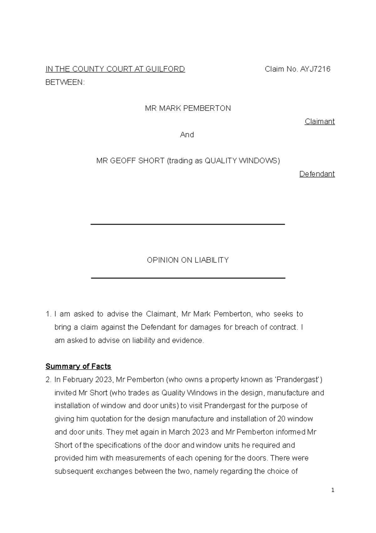 Opinion on Pemberton IN THE COUNTY COURT AT GUILFORD Claim No. AYJ