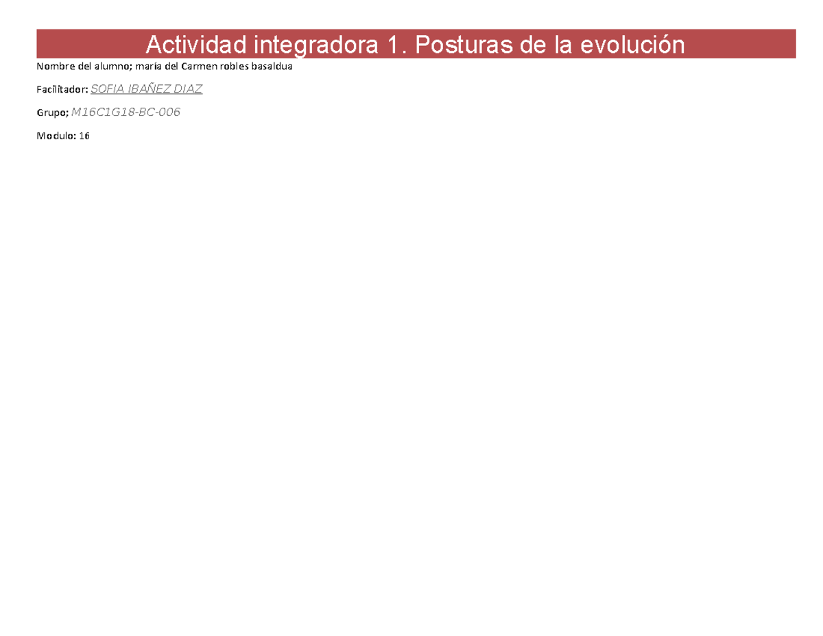 Actividad integradora 1. Posturas de la evolución - Actividad