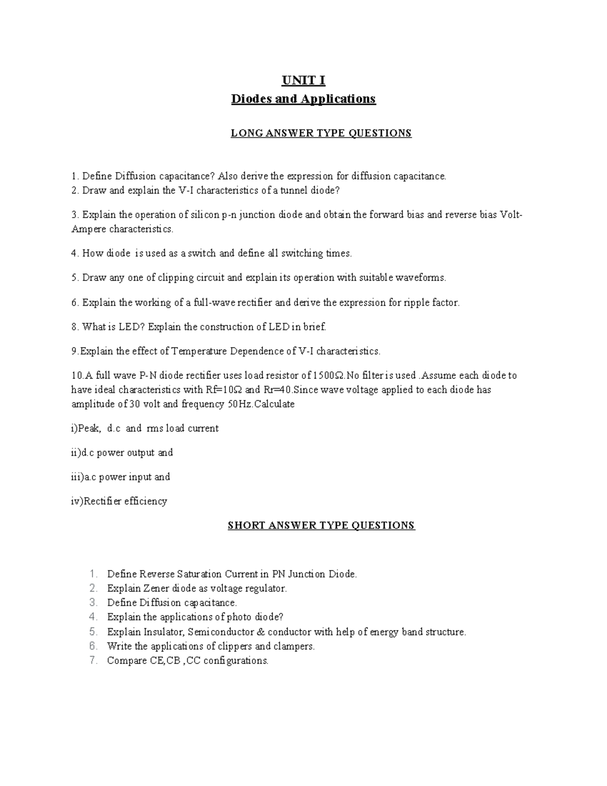 ADE IMP - IT IS BEST BOOK - UNIT I Diodes and Applications LONG ANSWER ...