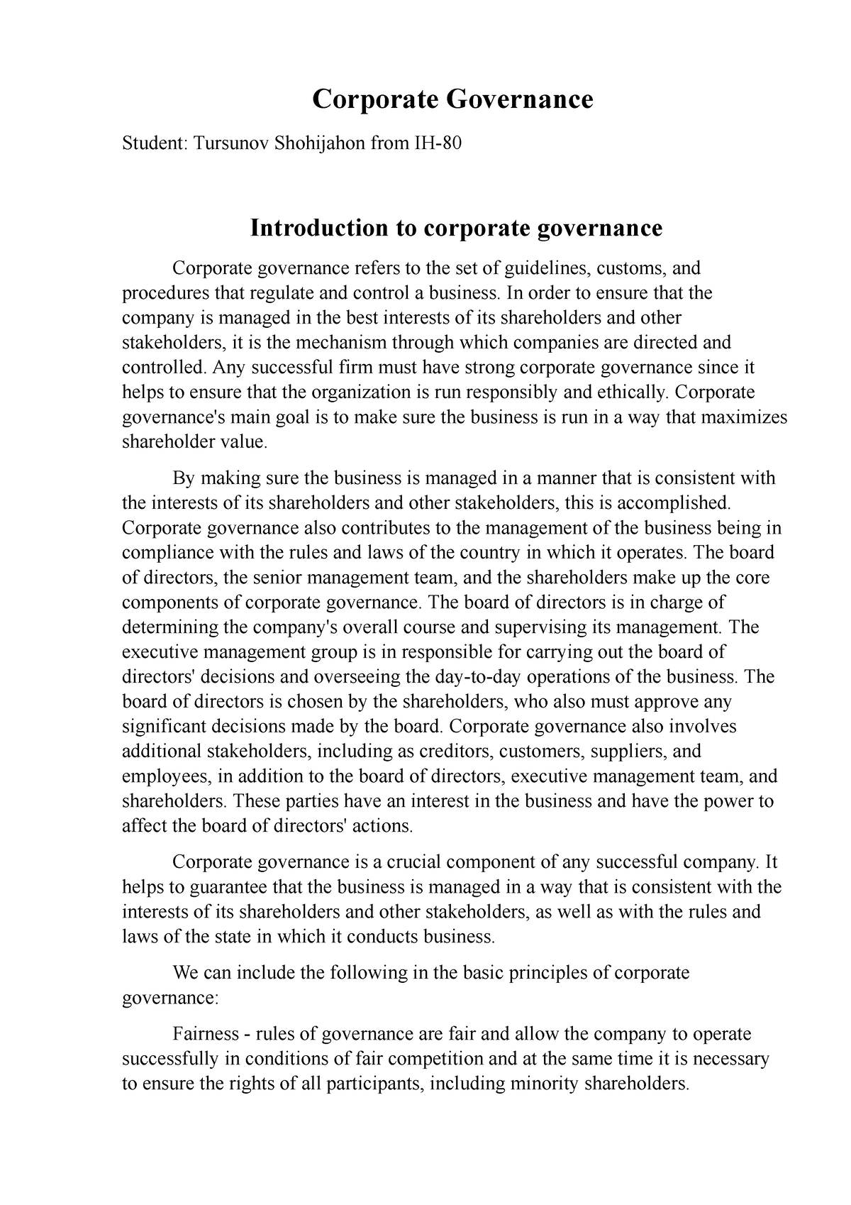 corporate governance assignment essay