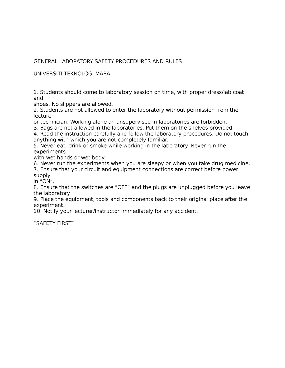 Saftey Rules - General Laboratory Safety Procedures And Rules 