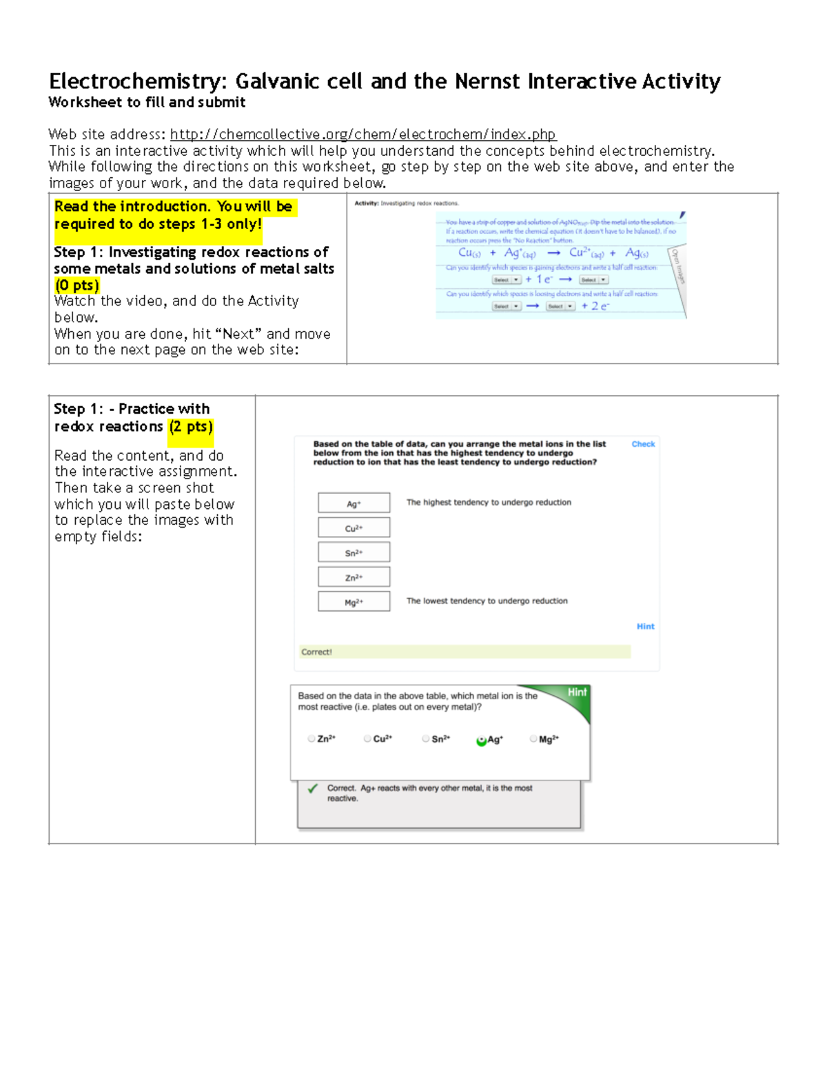 Electrochemistry lab Electrochemistry Galvanic cell and the Nernst