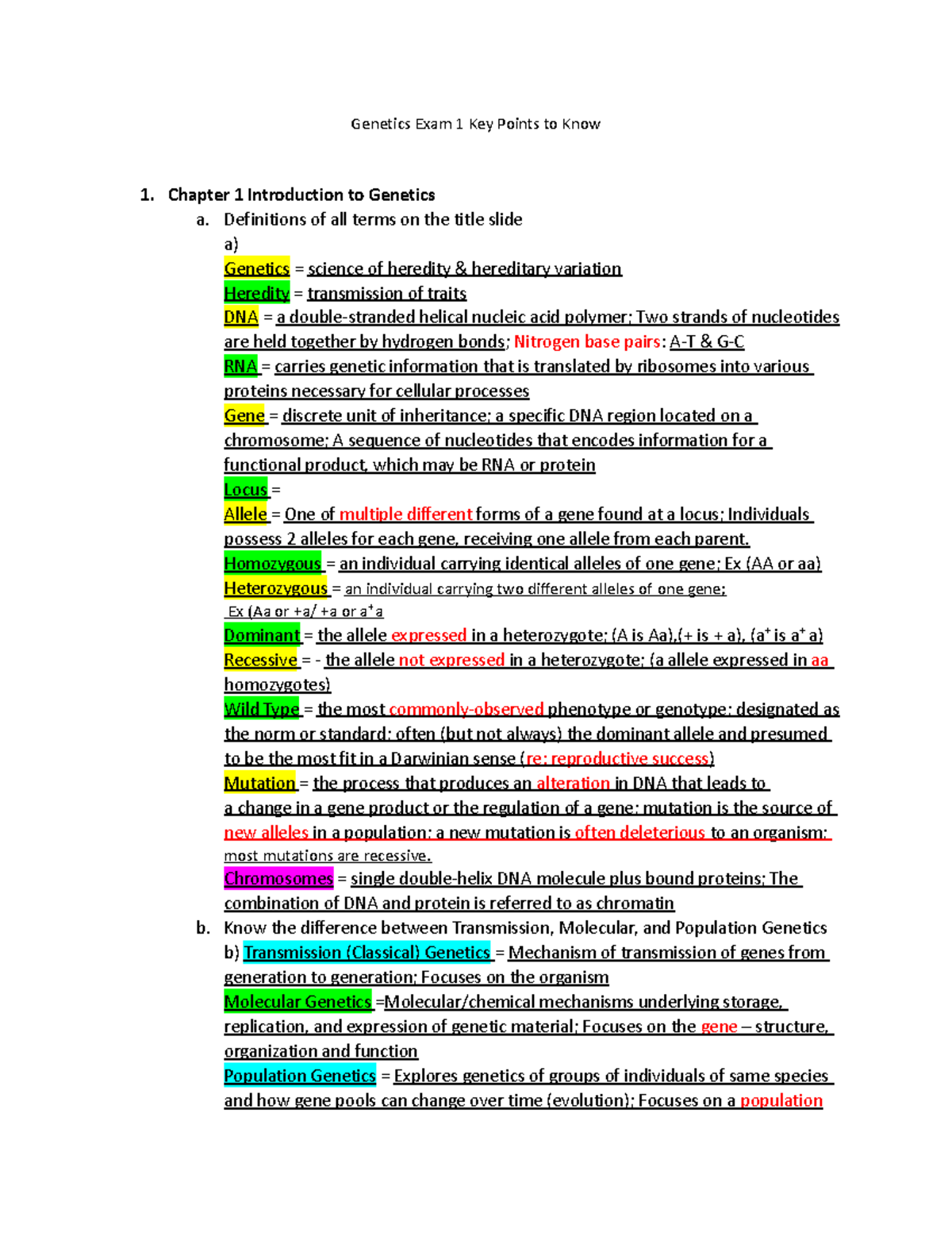 Genetics Exam 1 Study Guide - Genetics Exam 1 Key Points To Know ...