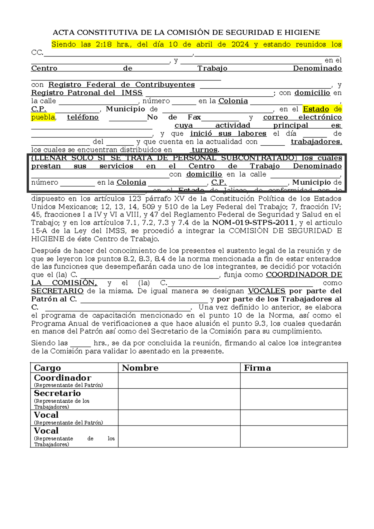 Acta constitutiva seguridad e higiene - ACTA CONSTITUTIVA DE LA ...