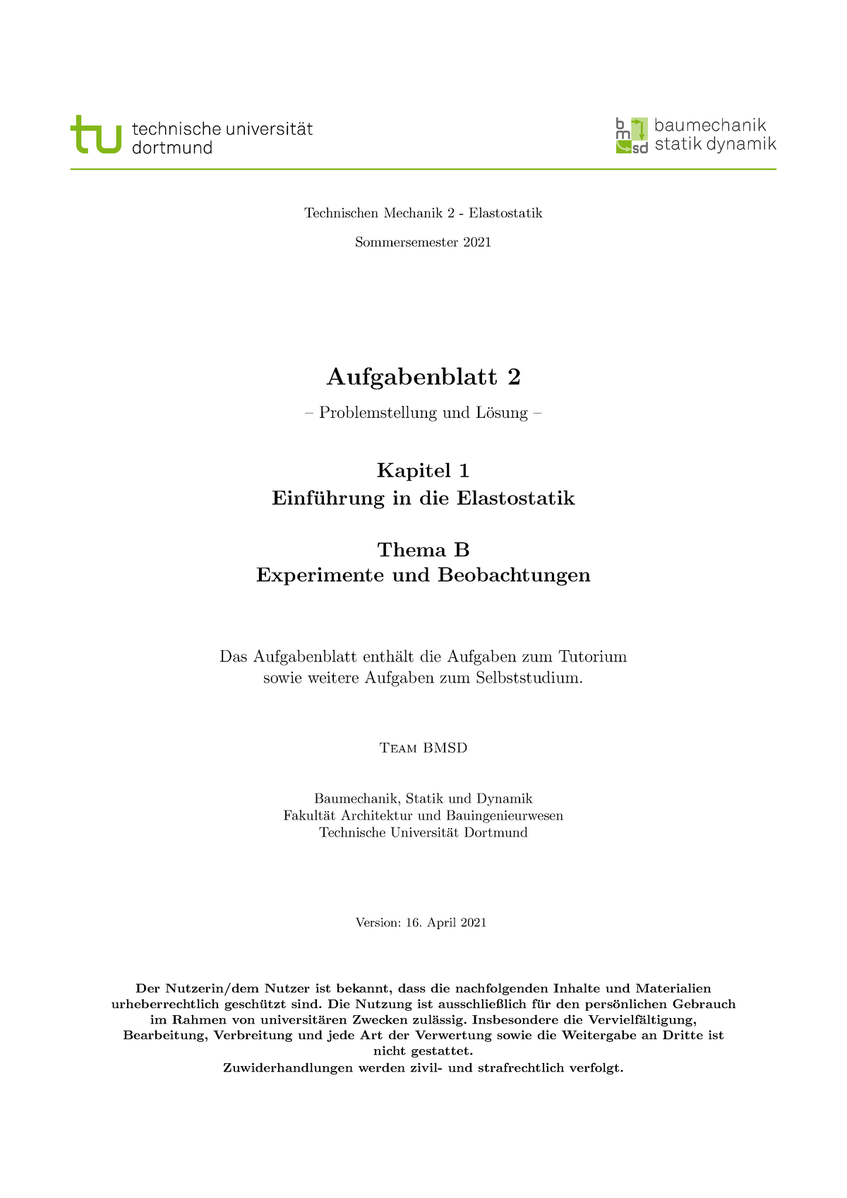 Techniche Mechanik II (So Se21) - Pflichtaufgaben + Lösung Blatt 2 ...