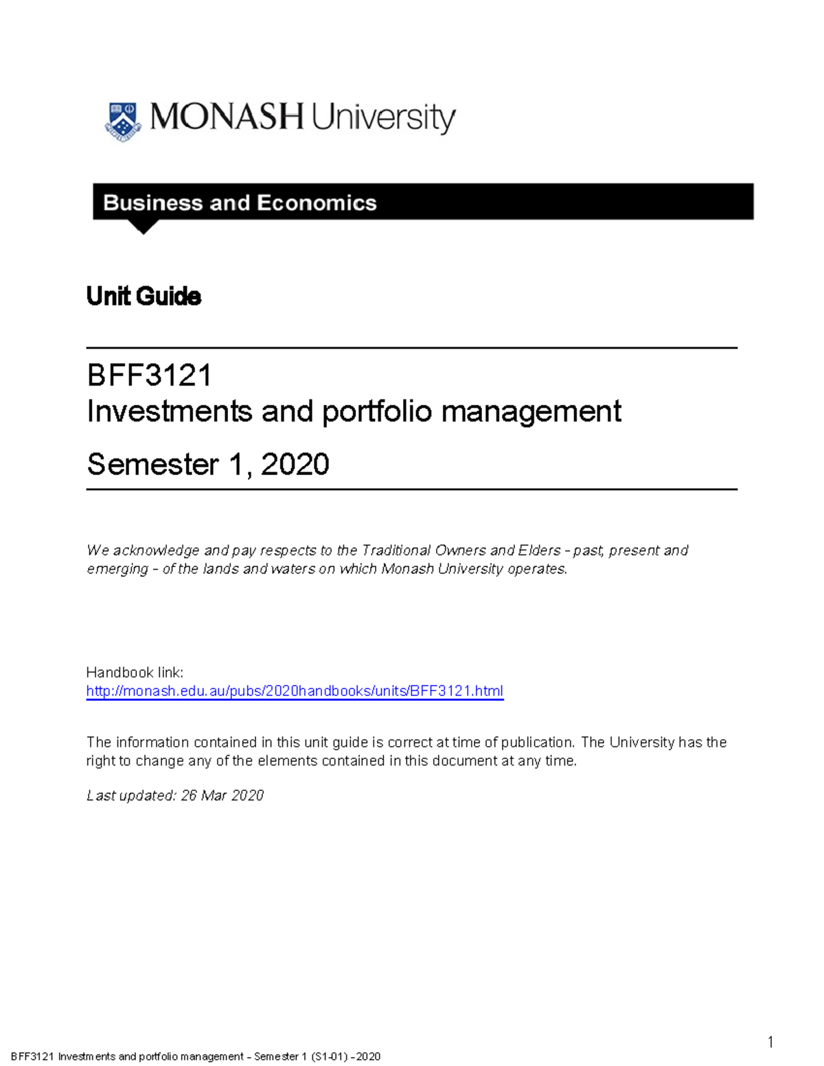 Bff3121 Unit Guide 2020 S1 Revised 1 Unit Guide Bff Investments And Portfolio Management Bff3121 Unit Guide 2020 S1 Revised 1 Unit Guide Bff Investments And Portfolio Management