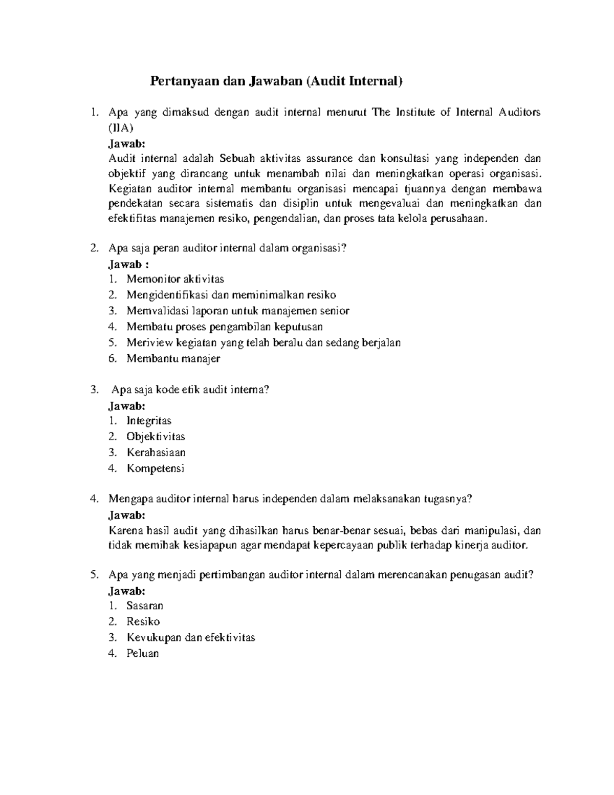 Soal-soal audit internal 1 - Pertanyaan dan Jawaban (Audit Internal
