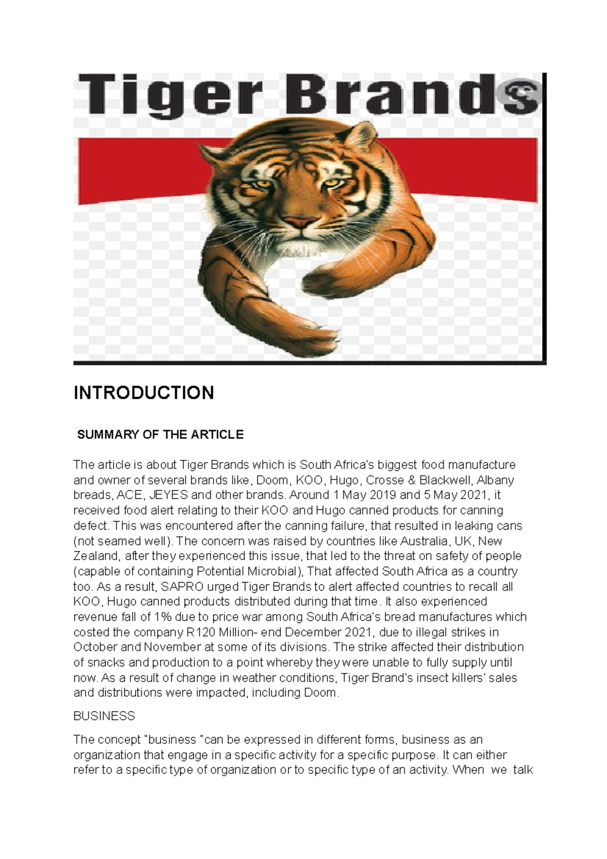 Tiger20 Brand20assignment INTRODUCTION SUMMARY OF THE ARTICLE The