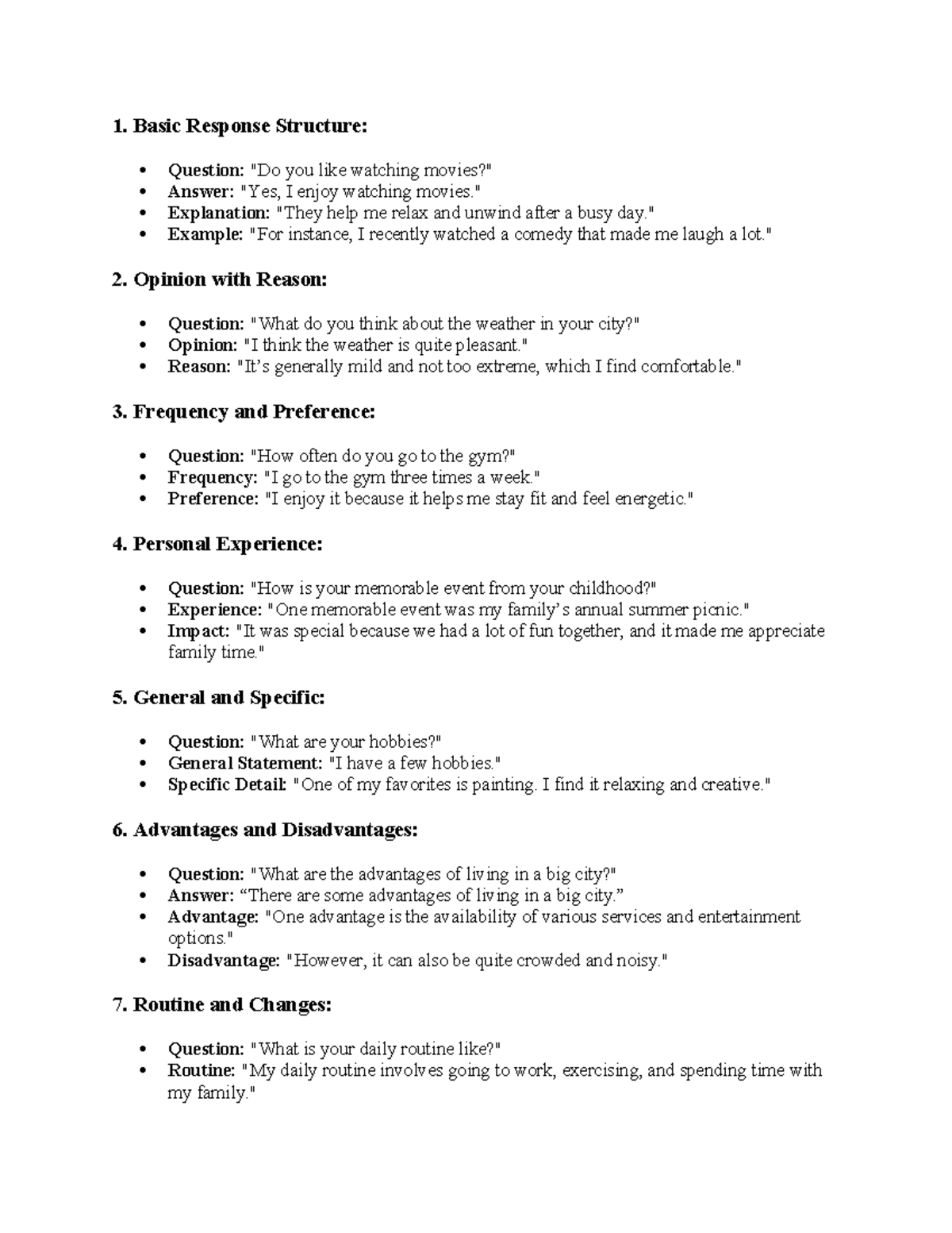 MỘT SỐ GỢI Ý Speaking 1 - ... - 1. Basic Response Structure: Question ...