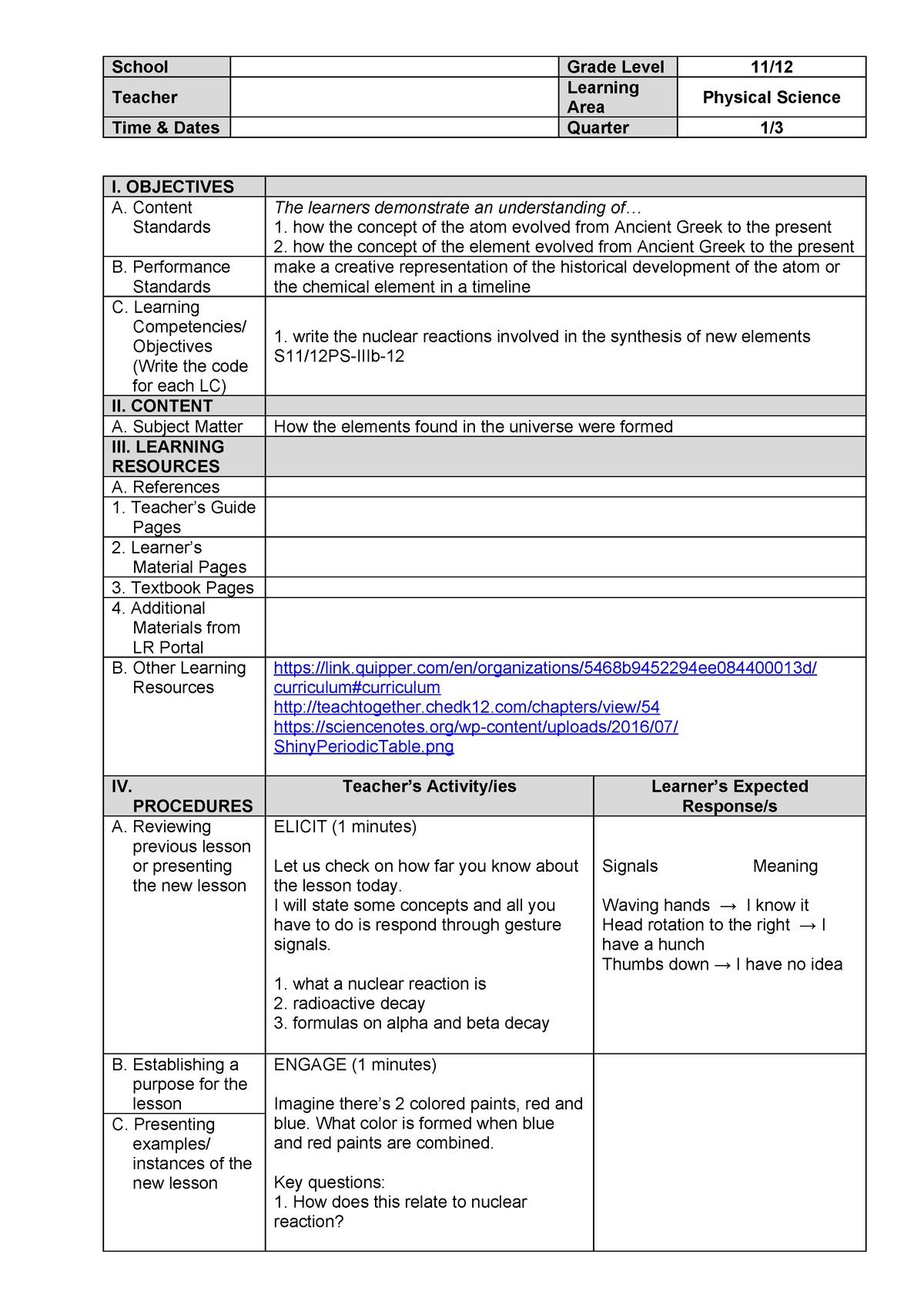 Phy Sci LC 12 - Lesson Plan - School Grade Level 11/ Teacher Learning ...