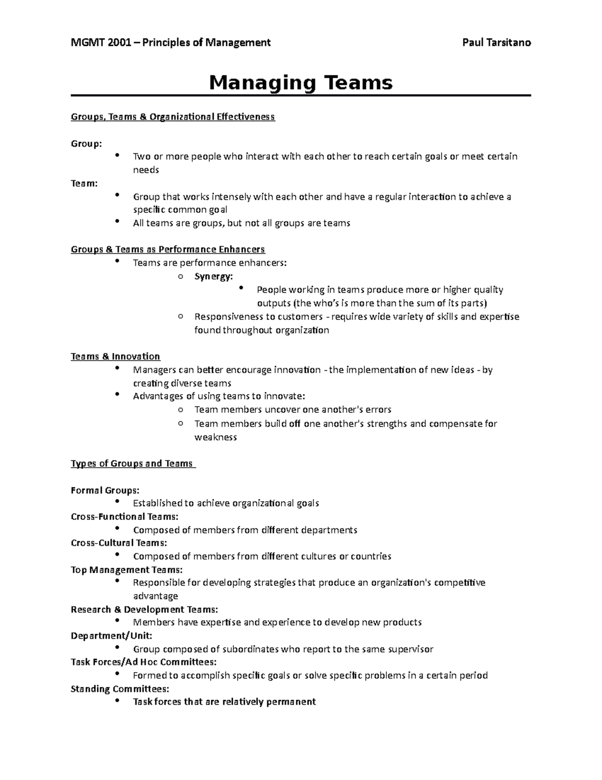 POM - Managing Teams - Lecture notes 10 - Managing Teams Groups, Teams ...