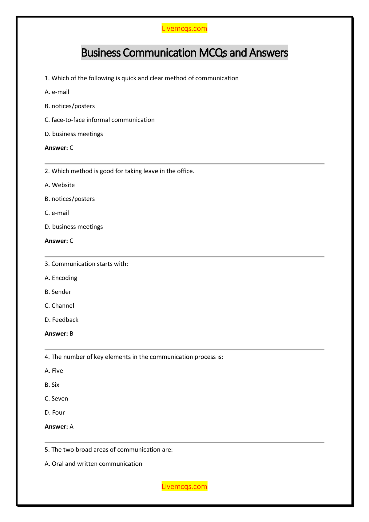 Business Communication MCQs And Answers - E-mail B. Notices/posters C ...