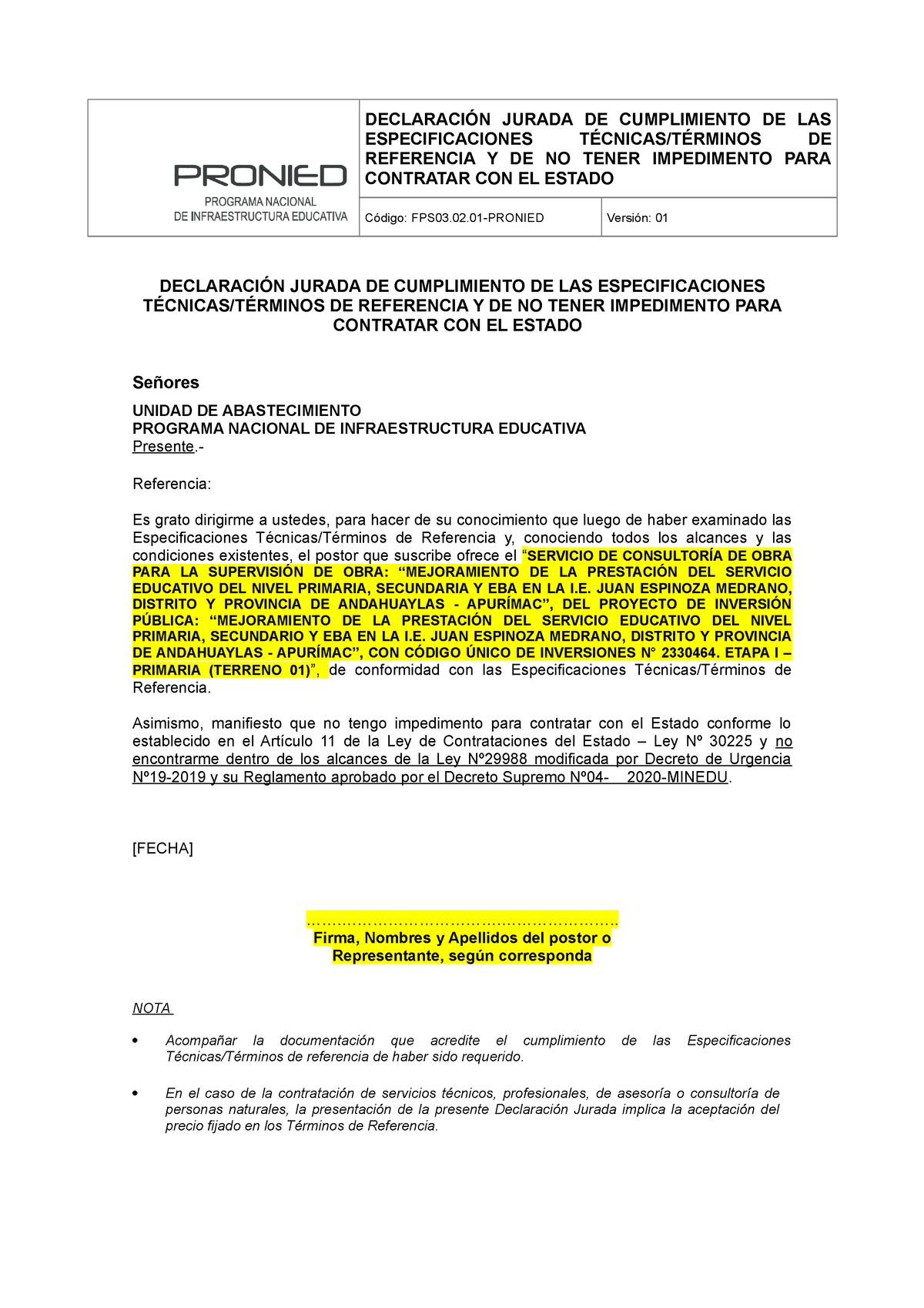 Formatos Solicitados DeclaraciÓn Jurada De Cumplimiento De Las Especificaciones TÉcnicas 0784