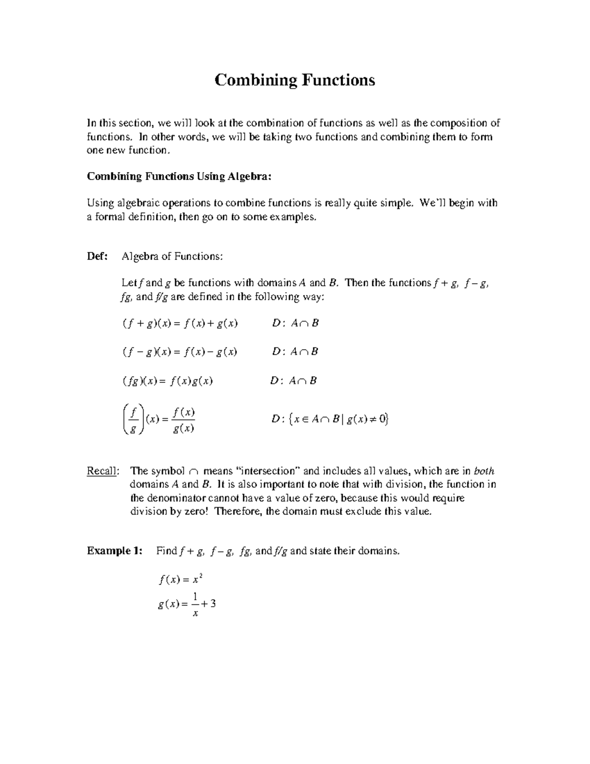 Math1414-combining-functions - Combining Functions In this section, we ...
