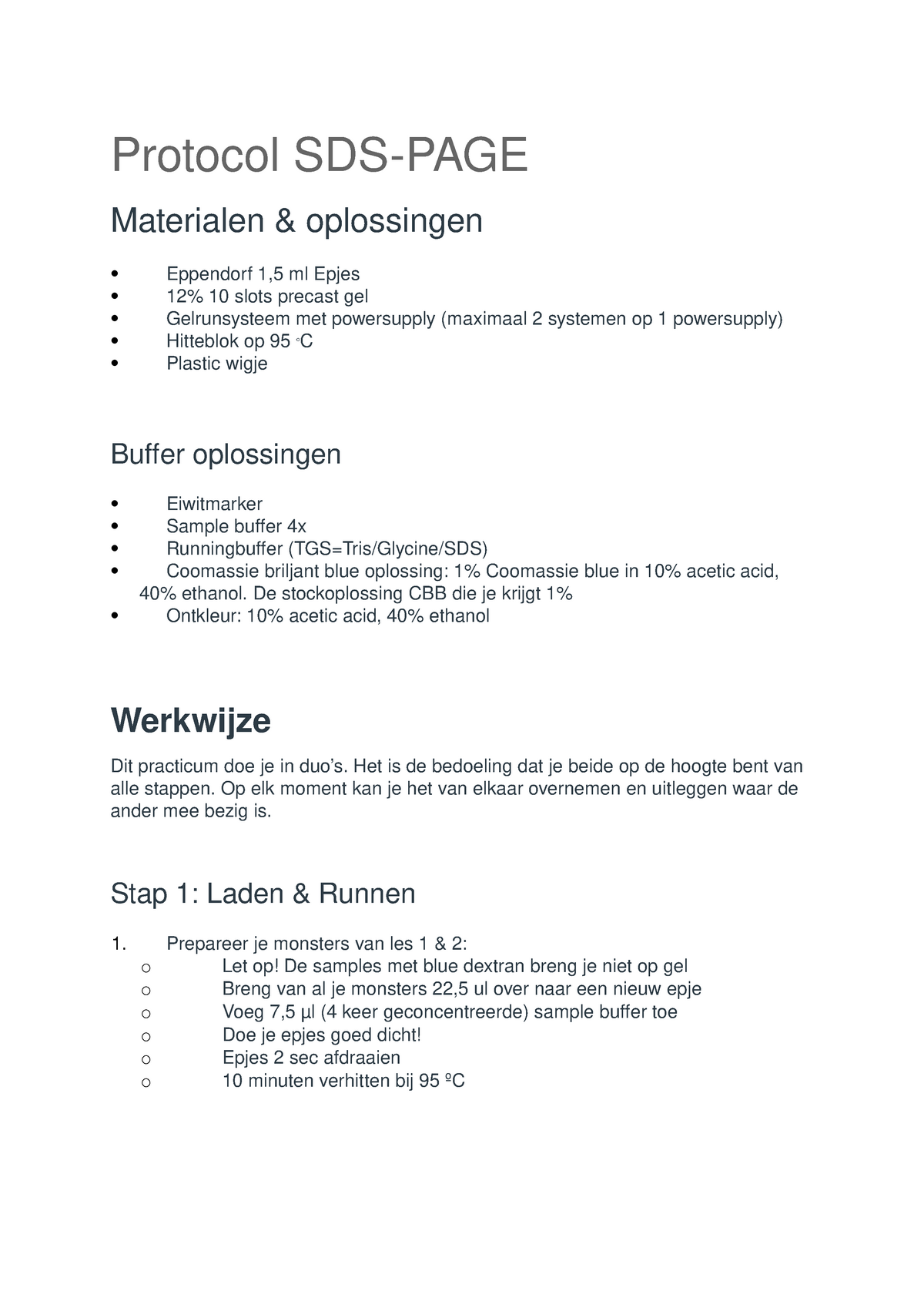 Protocol Sds Page En Western Blotting Studeersnel